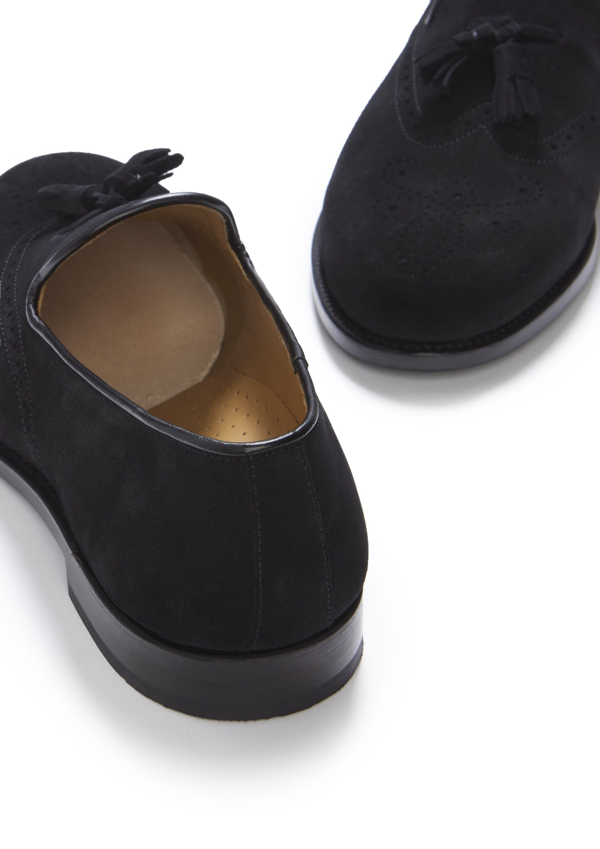 Schwarze Wildleder-Brogues mit Quasten, rahmengenähte Ledersohle