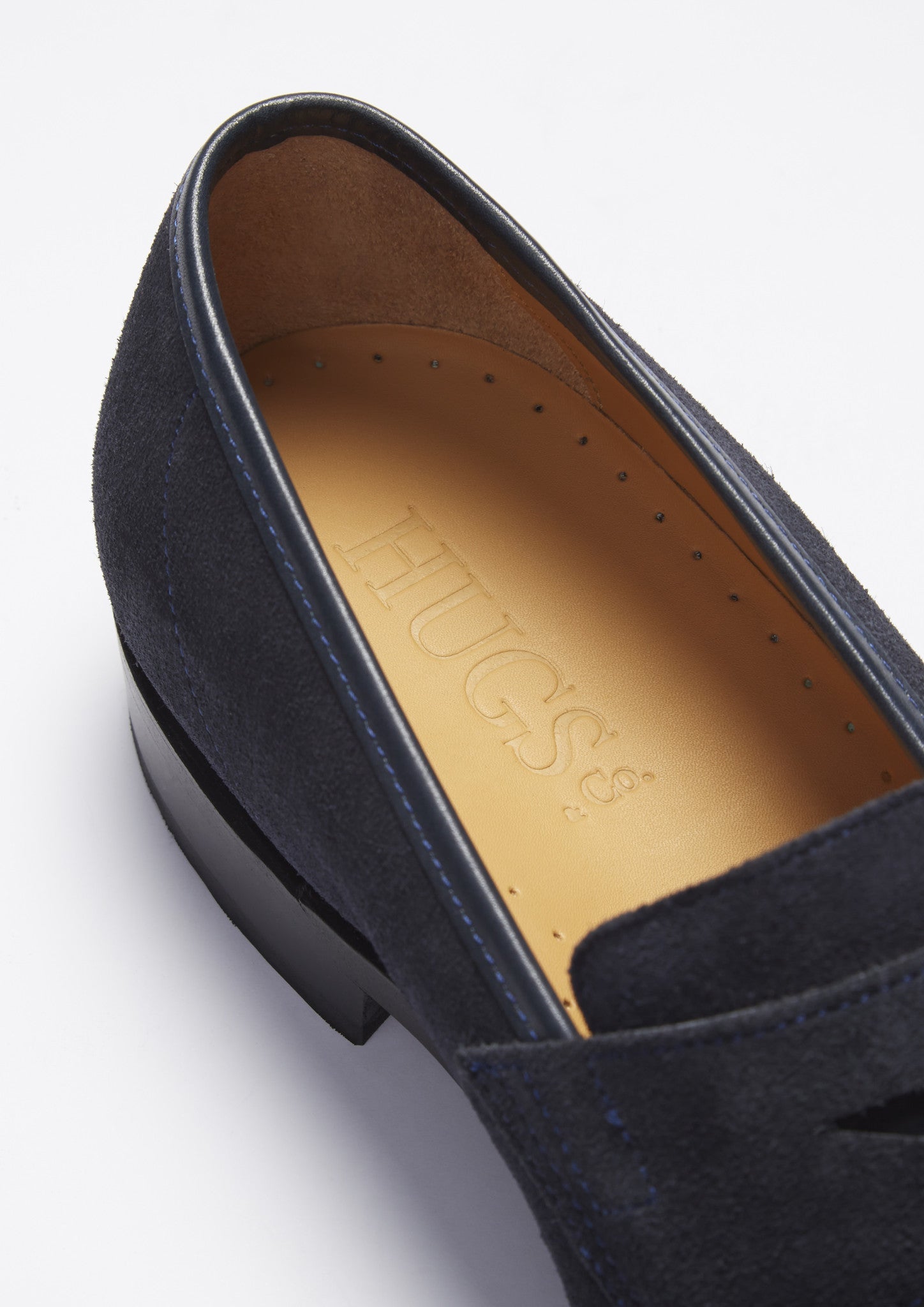 Marineblaue Wildleder-Slipper, rahmengenähte Lederlaufsohle