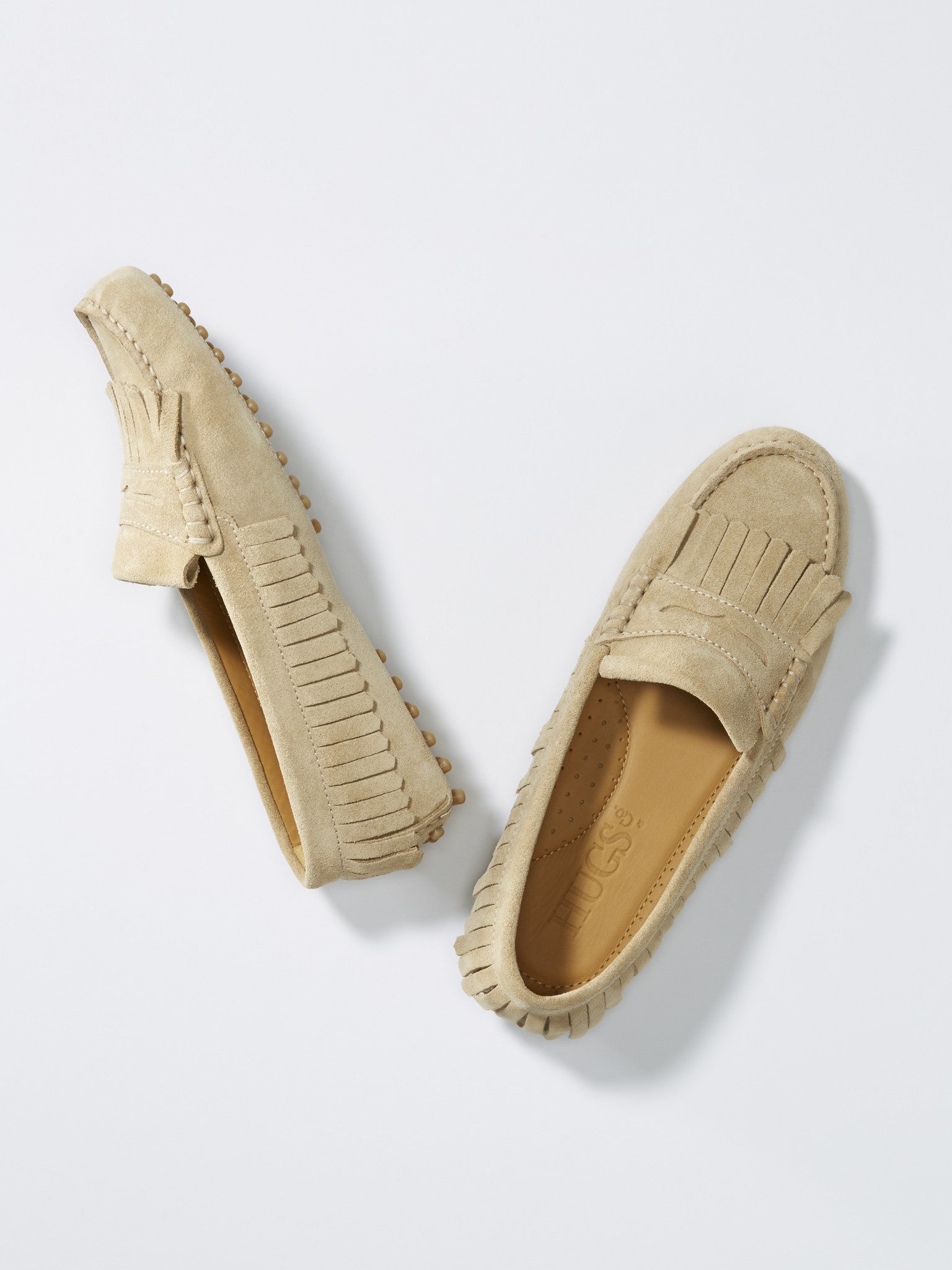 Damen-Driving-Loafer mit Fransen, taupefarbenes Veloursleder