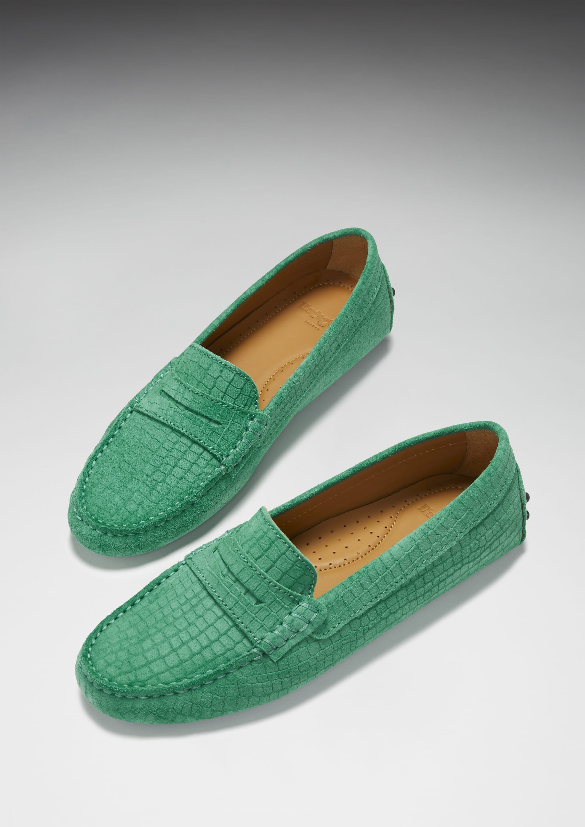Penny Loafer für Damen, smaragdgrünes geprägtes Veloursleder