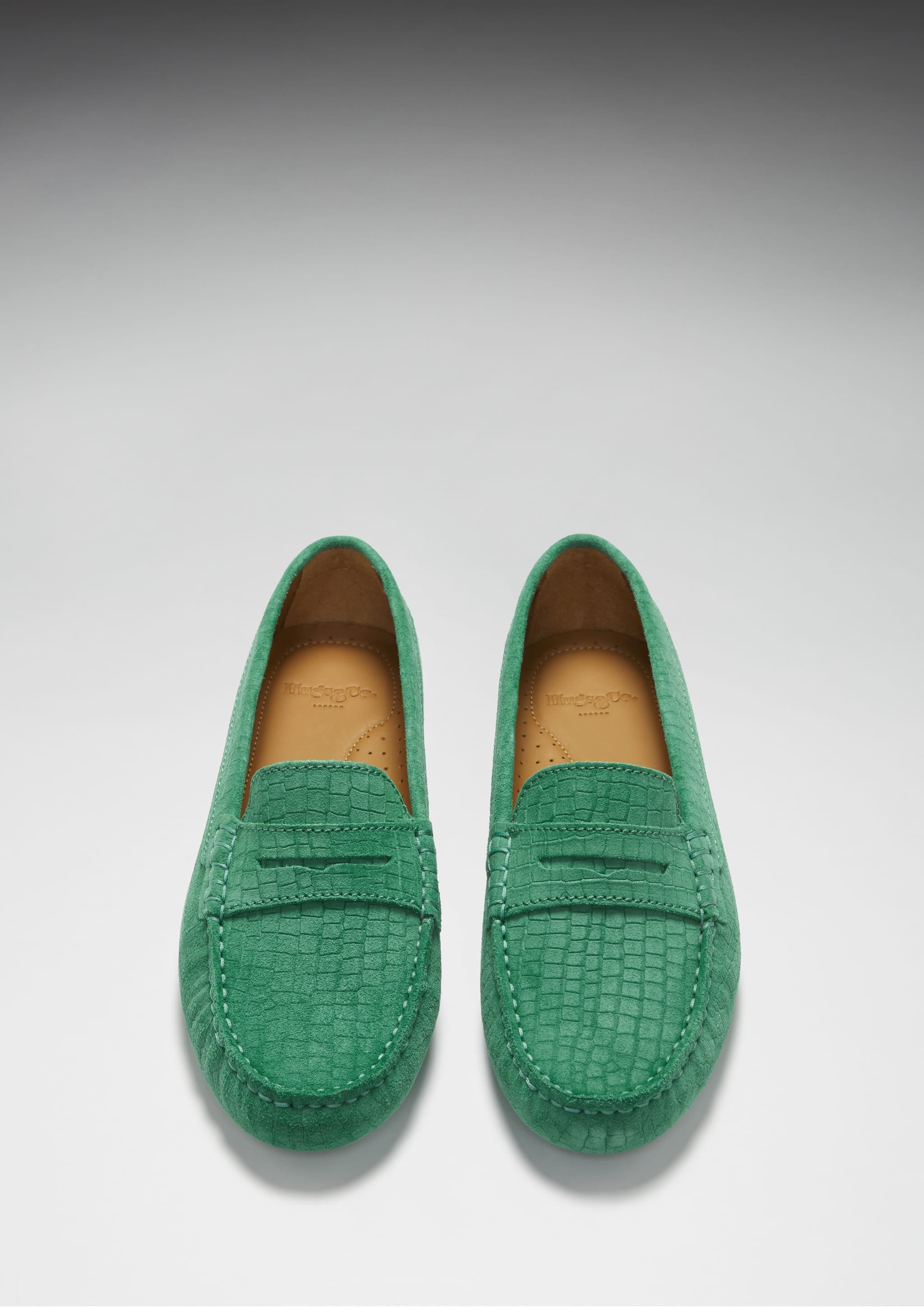 Penny Loafer für Damen, smaragdgrünes geprägtes Veloursleder