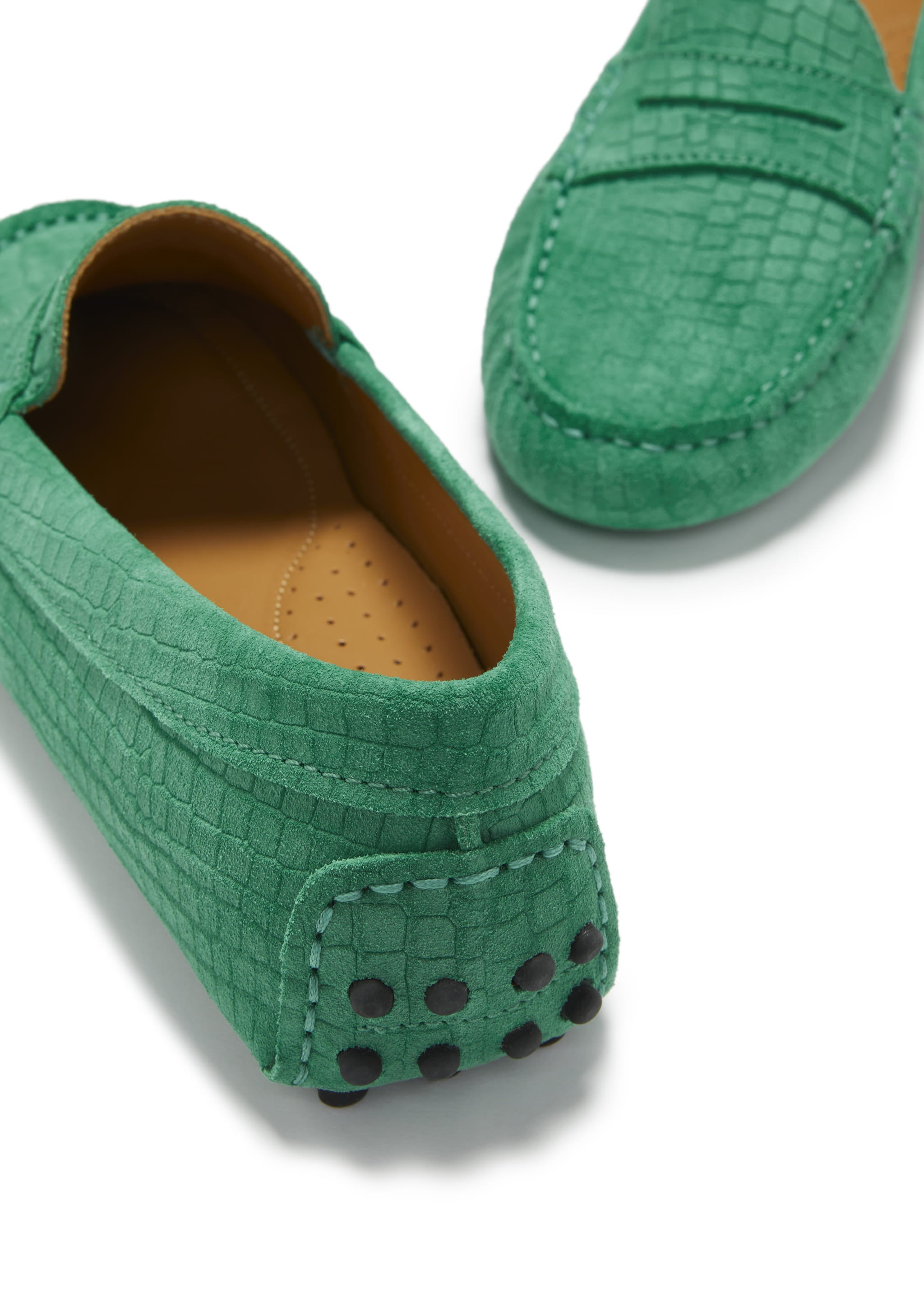 Penny Loafer für Damen, smaragdgrünes geprägtes Veloursleder