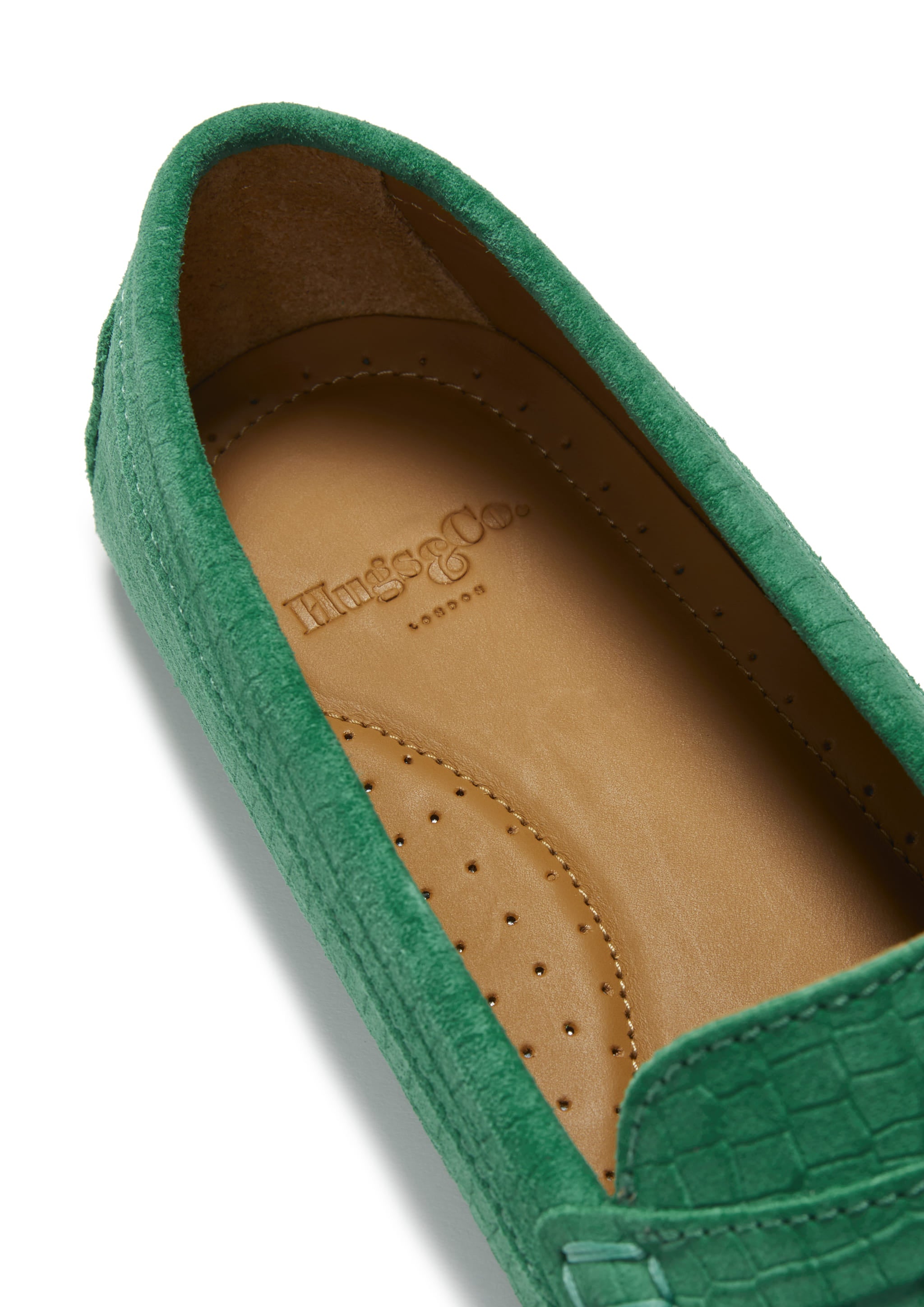 Penny Loafer für Damen, smaragdgrünes geprägtes Veloursleder