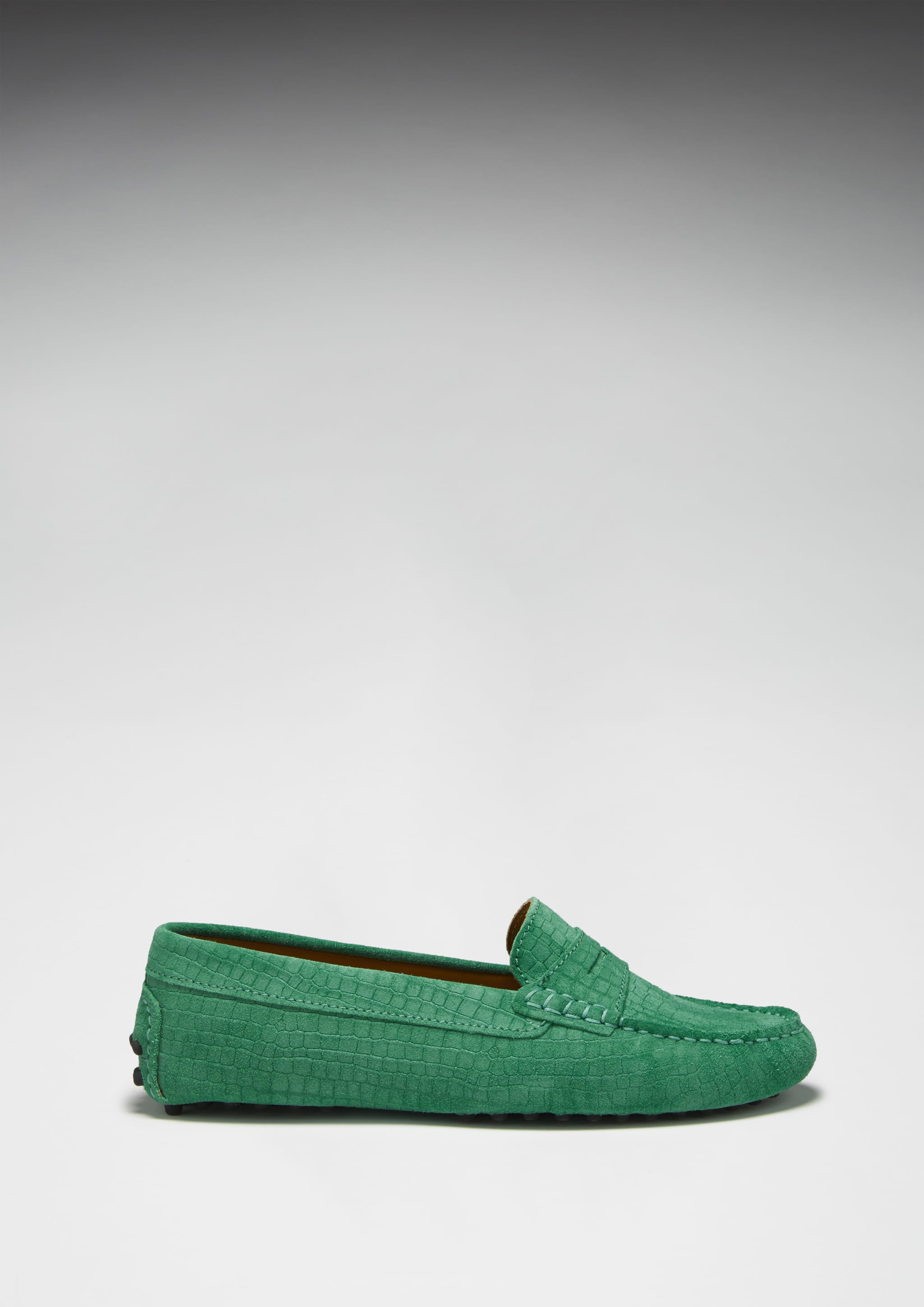 Penny Loafer für Damen, smaragdgrünes geprägtes Veloursleder
