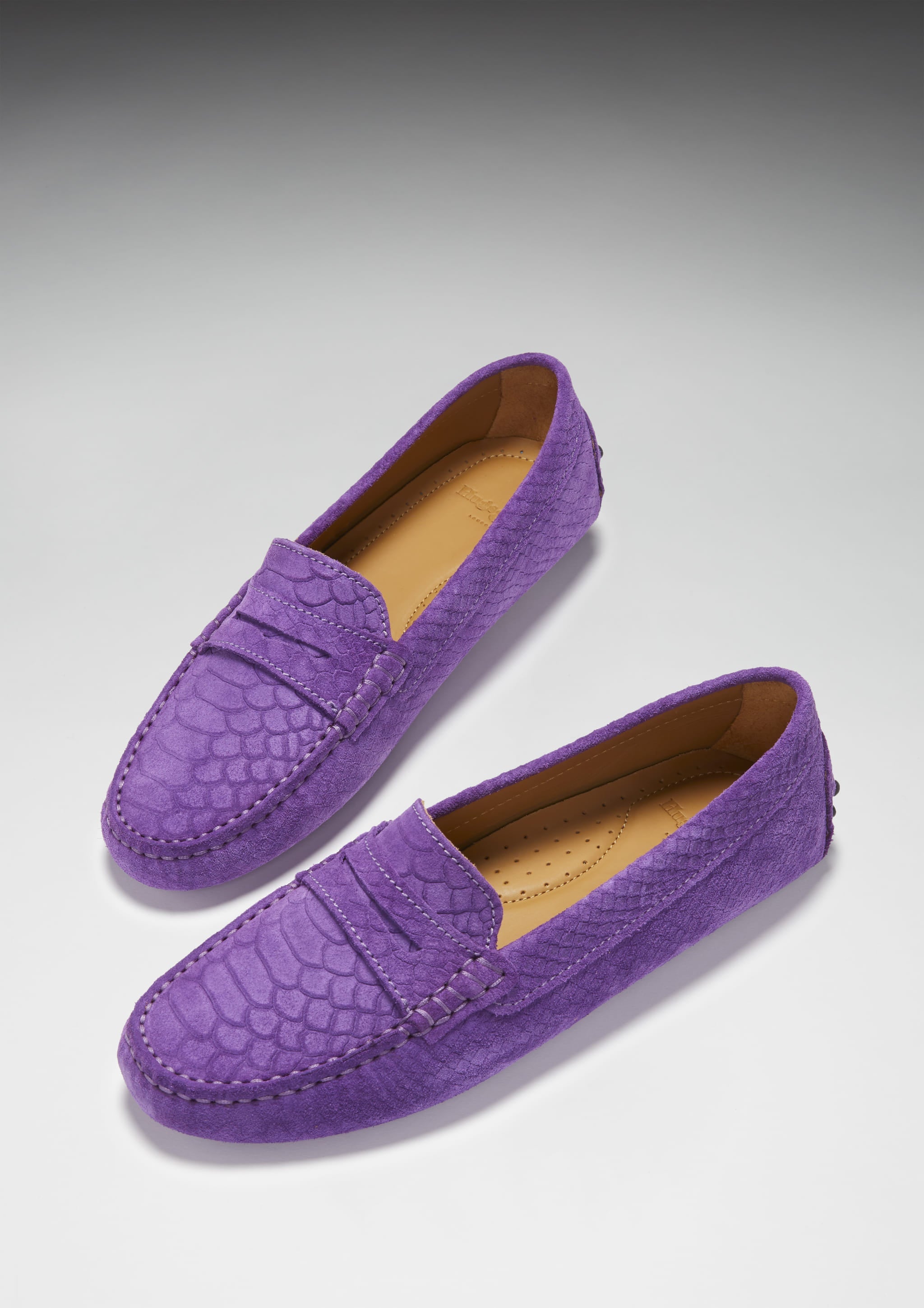 Damen-Penny-Slipper, lila geprägtes Veloursleder