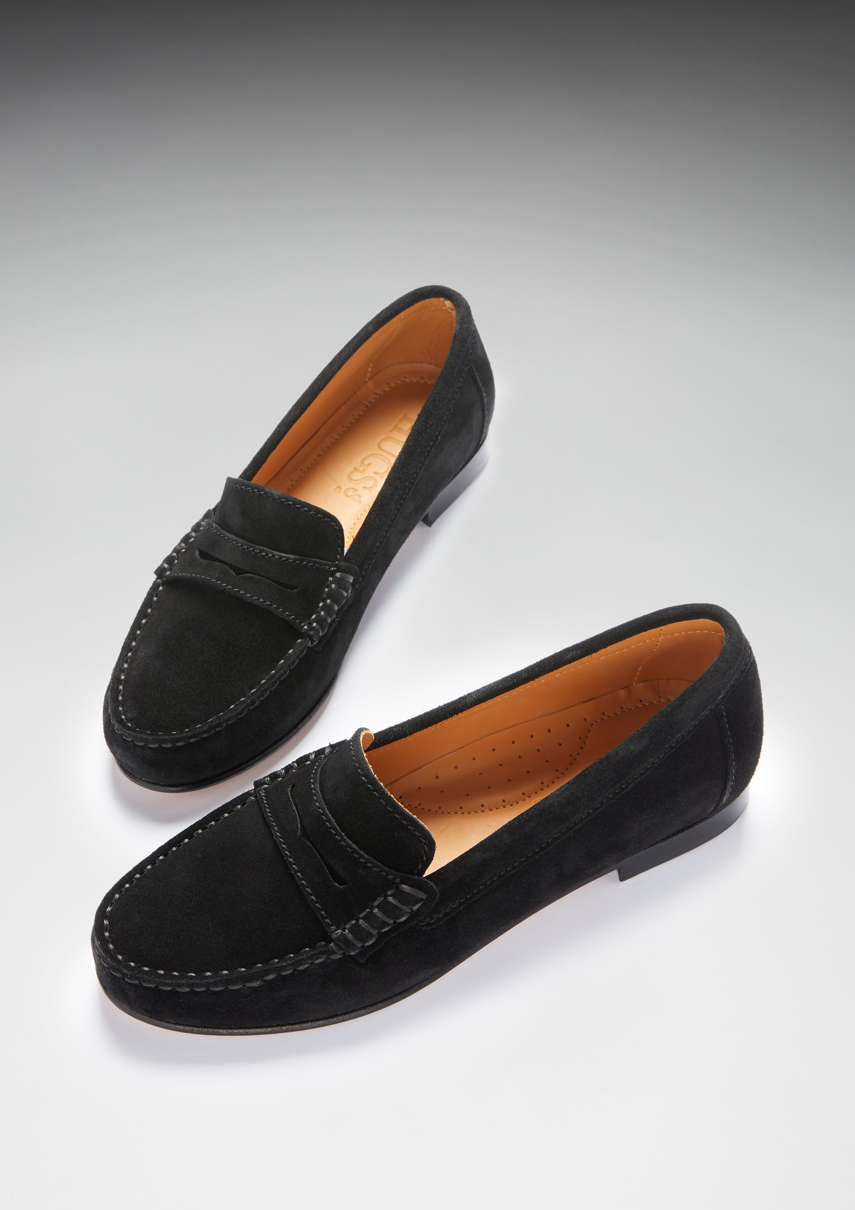 Damen Penny Loafers Leder Sohle, schwarzes Wildleder