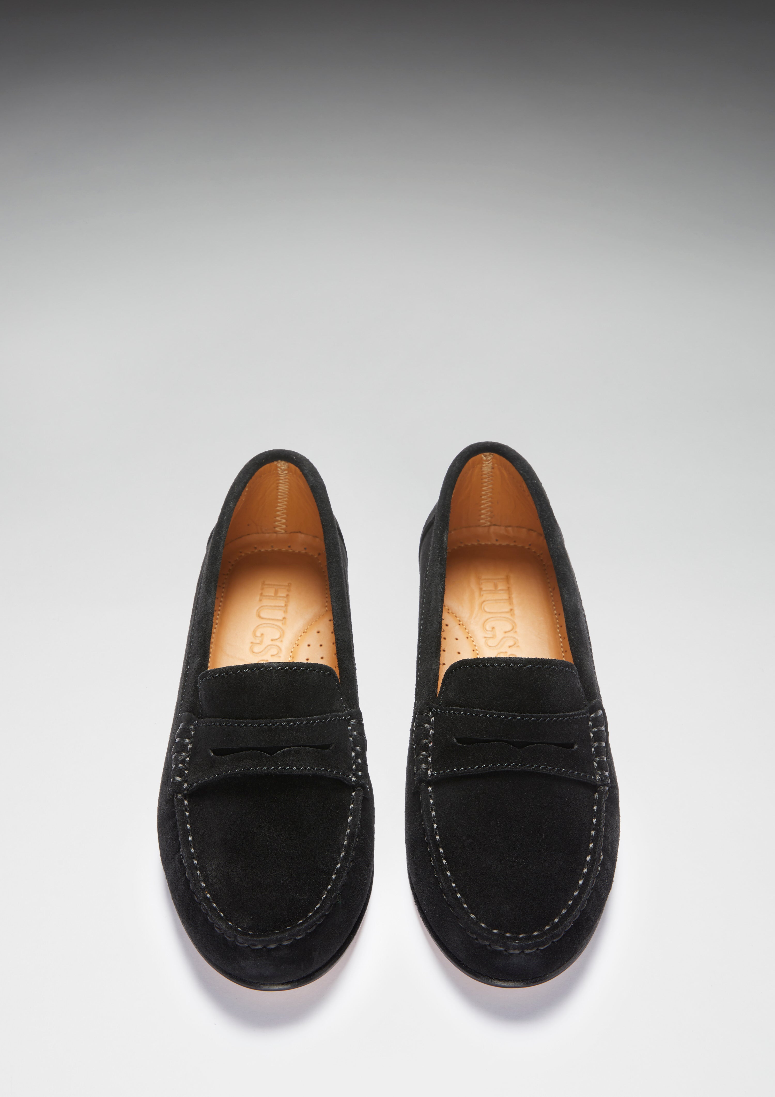 Damen Penny Loafers Leder Sohle, schwarzes Wildleder