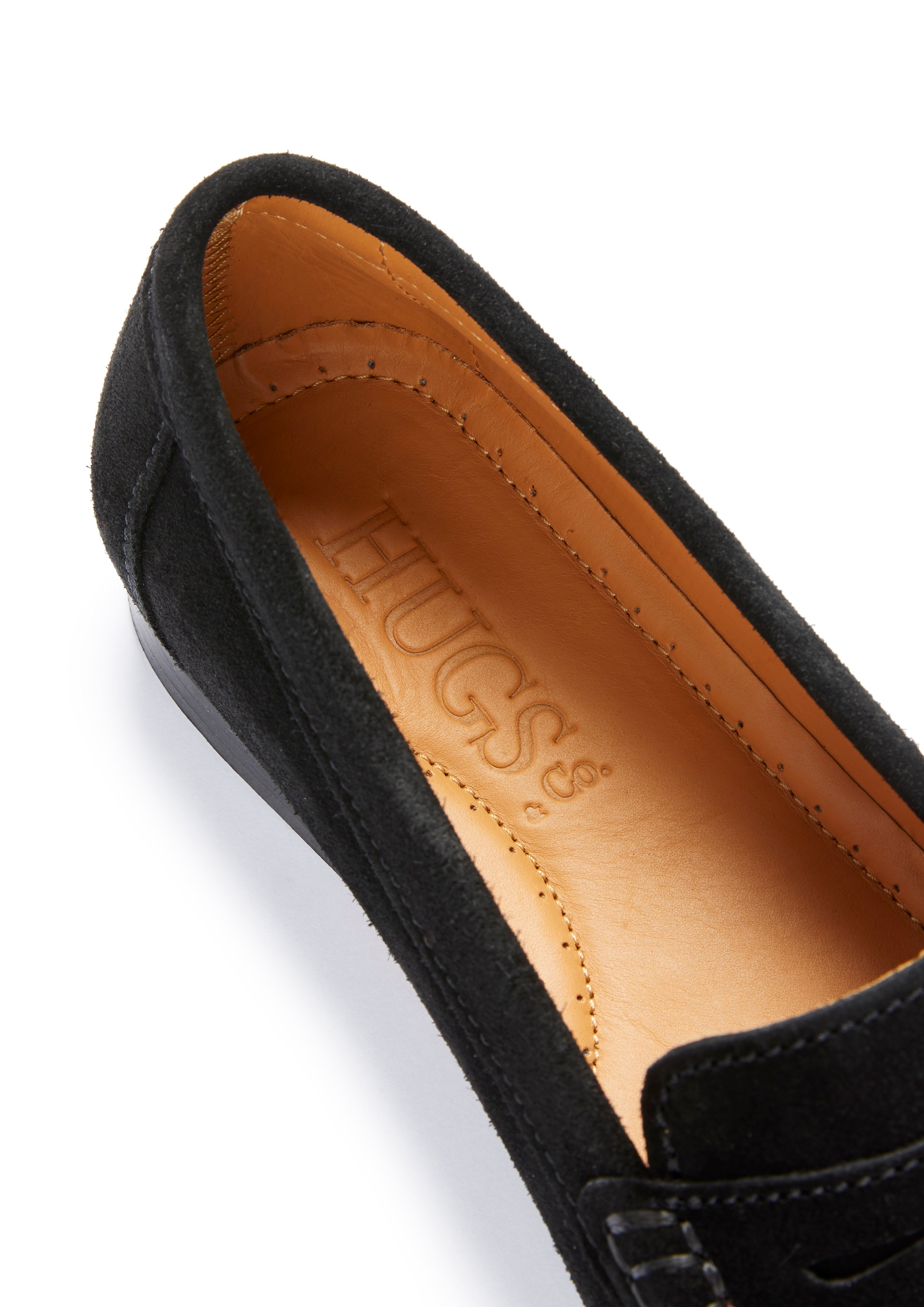 Damen Penny Loafers Leder Sohle, schwarzes Wildleder