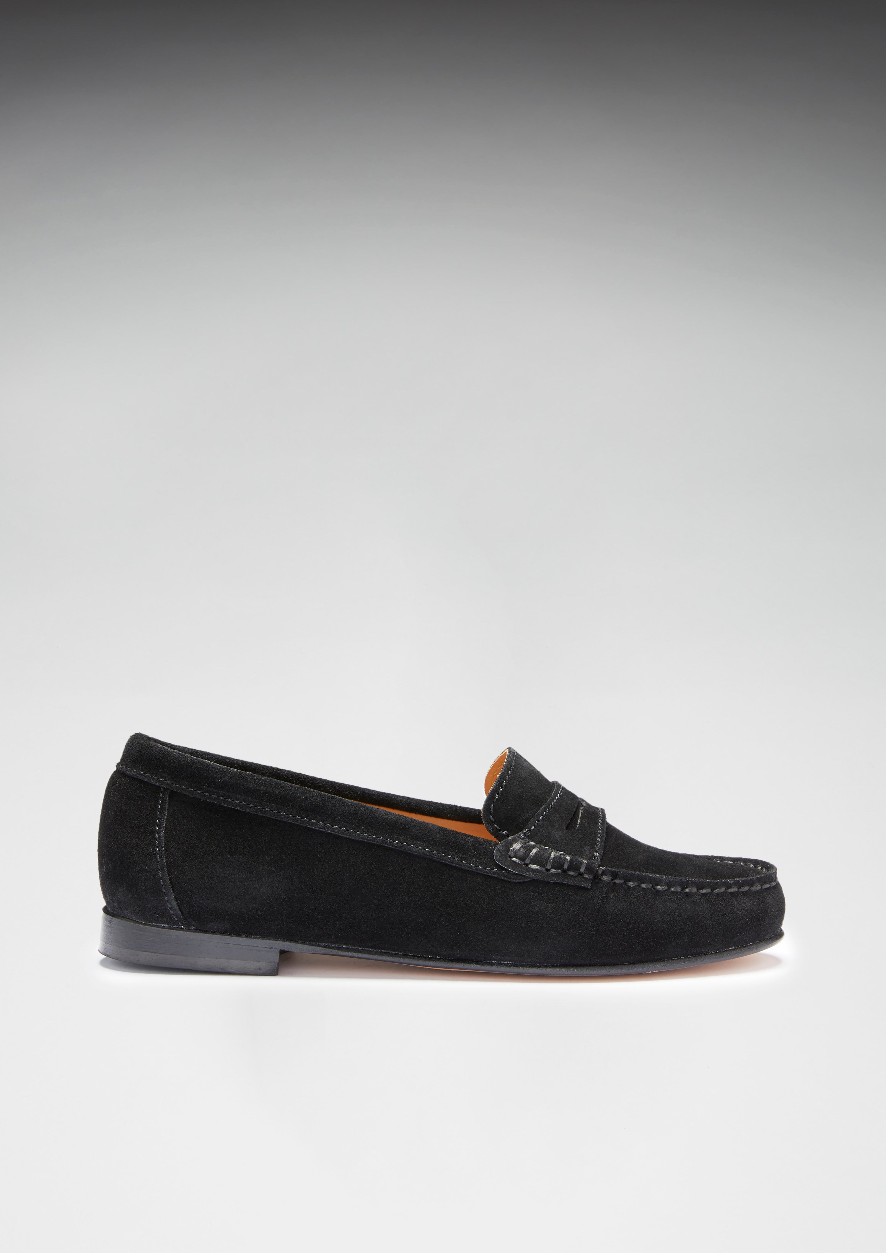 Damen Penny Loafers Leder Sohle, schwarzes Wildleder