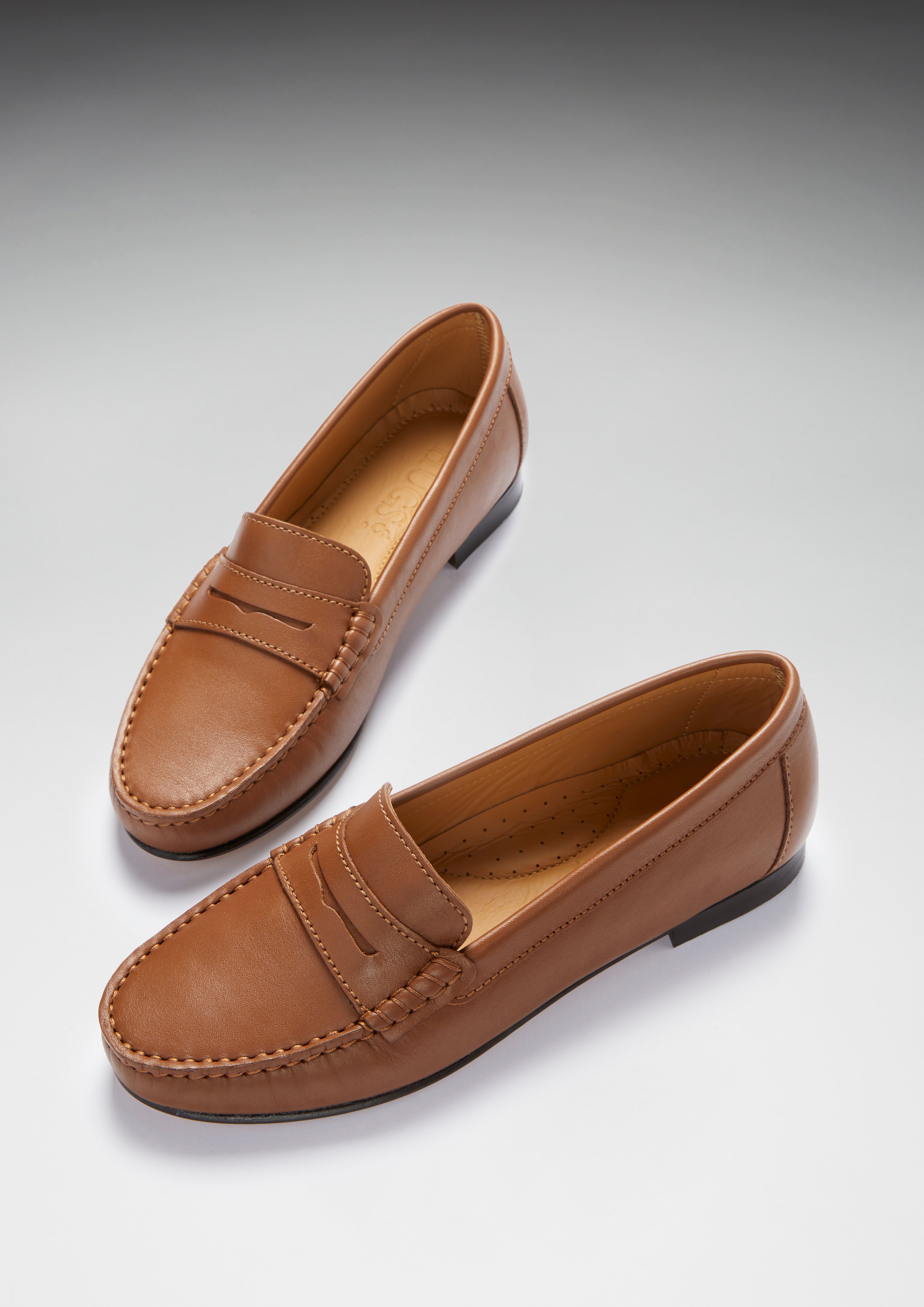 Damen Penny Loafers Leder Sohle, tanfarbenes Leder