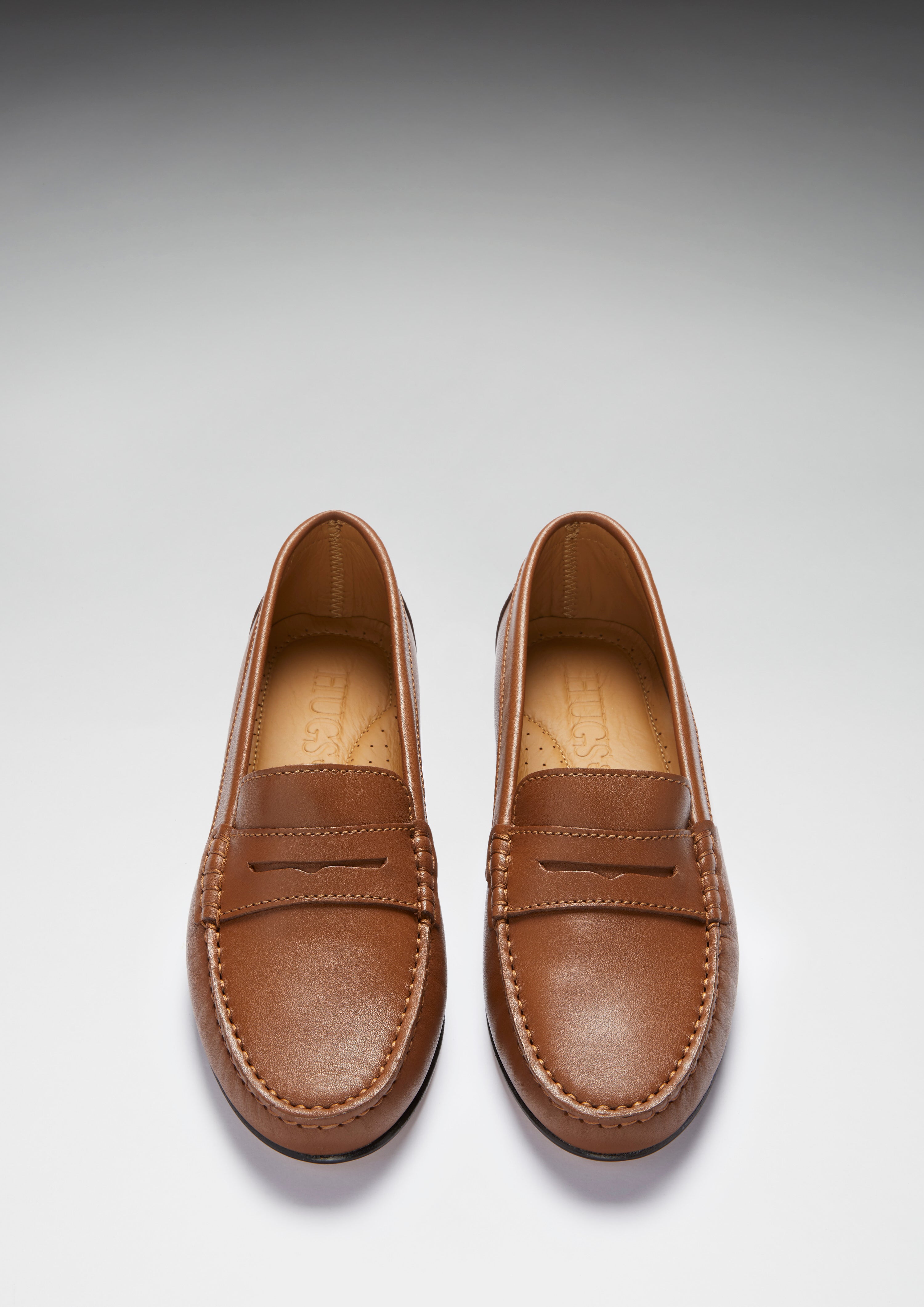Damen Penny Loafers Leder Sohle, tanfarbenes Leder