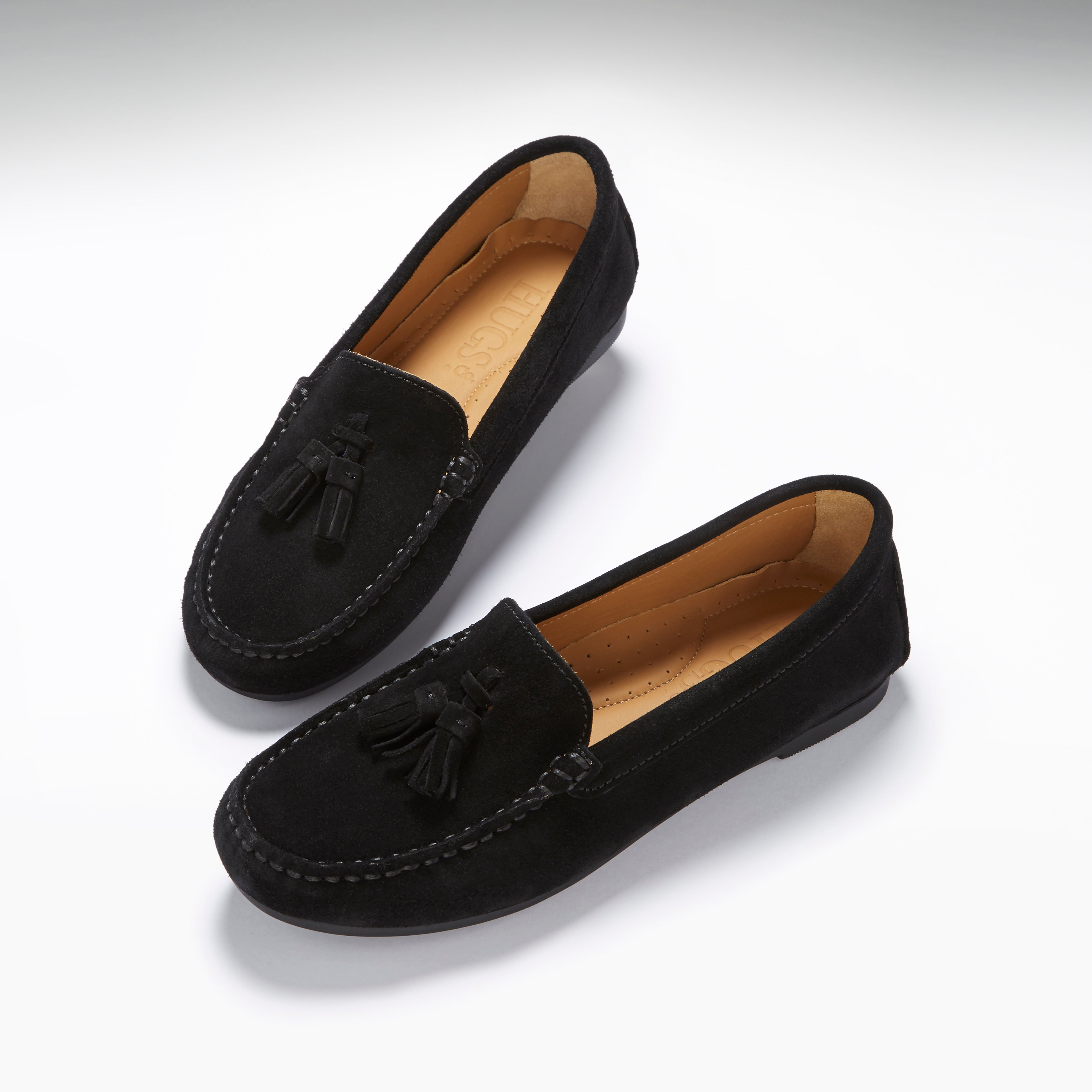 Damen Mokassins mit Quasten Gumminoppensohle, schwarzes Wildleder