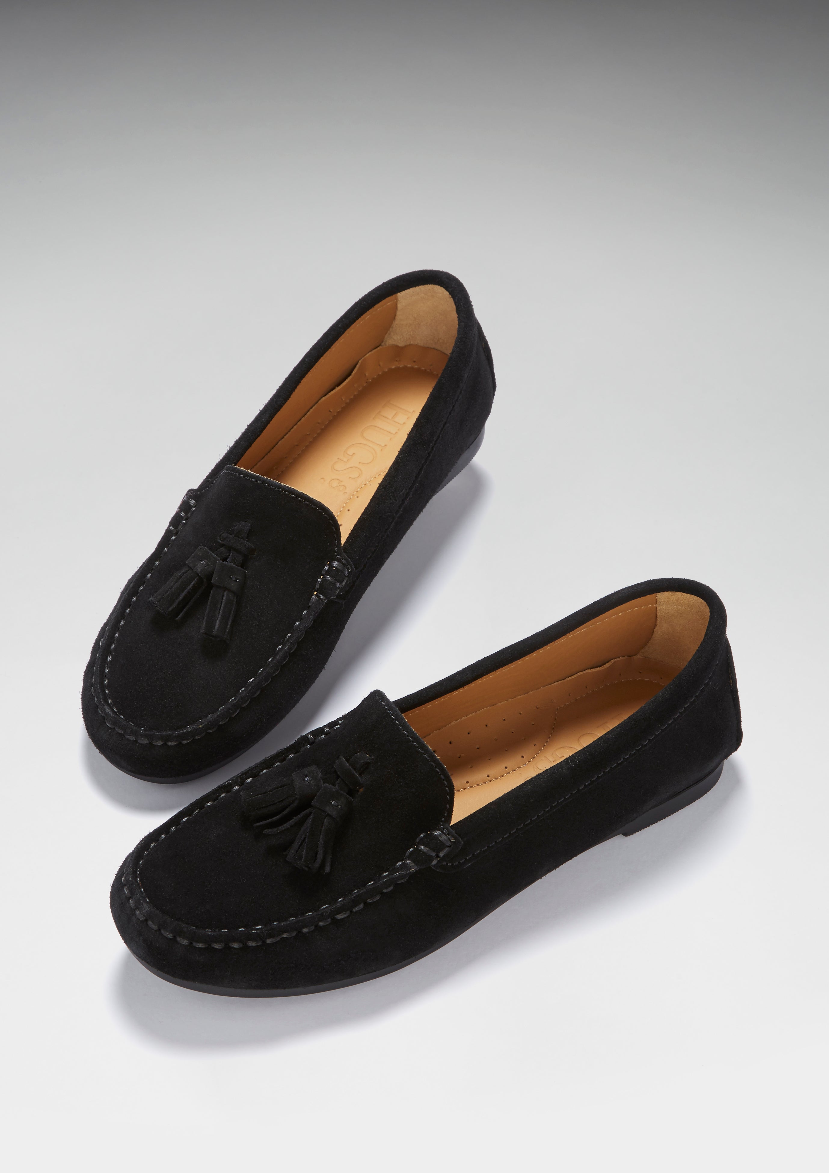 Damen Mokassins mit Quasten Gumminoppensohle, schwarzes Wildleder