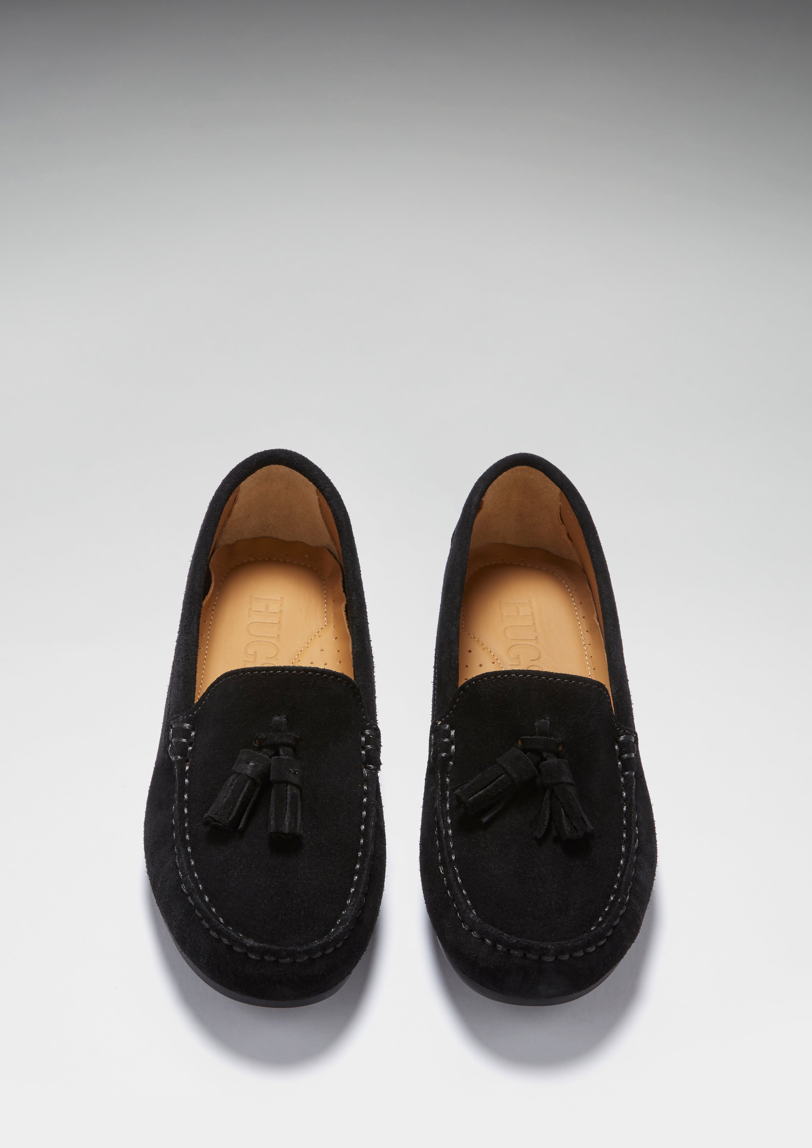 Damen Mokassins mit Quasten Gumminoppensohle, schwarzes Wildleder
