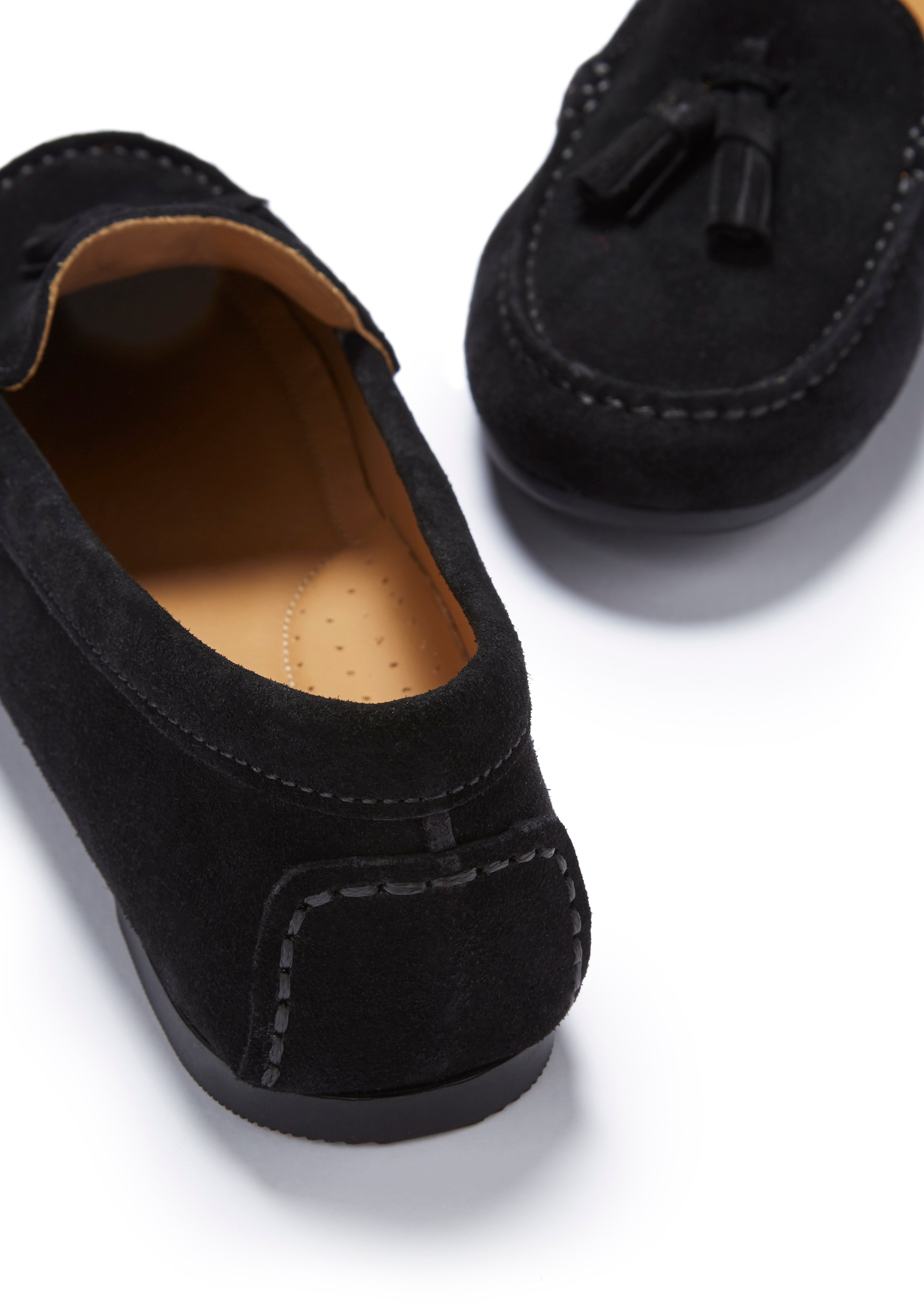 Damen Mokassins mit Quasten Gumminoppensohle, schwarzes Wildleder