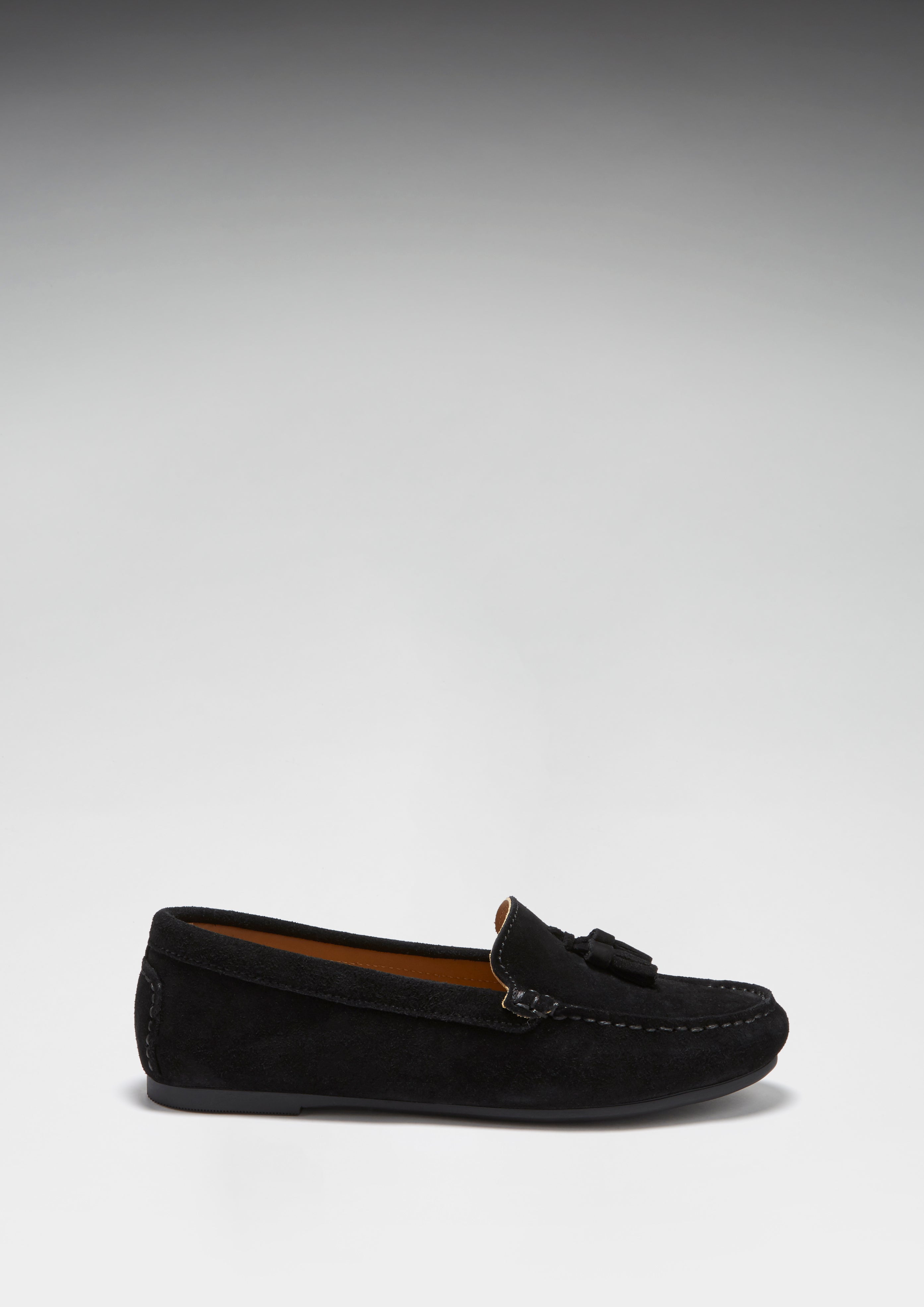 Damen Mokassins mit Quasten Gumminoppensohle, schwarzes Wildleder