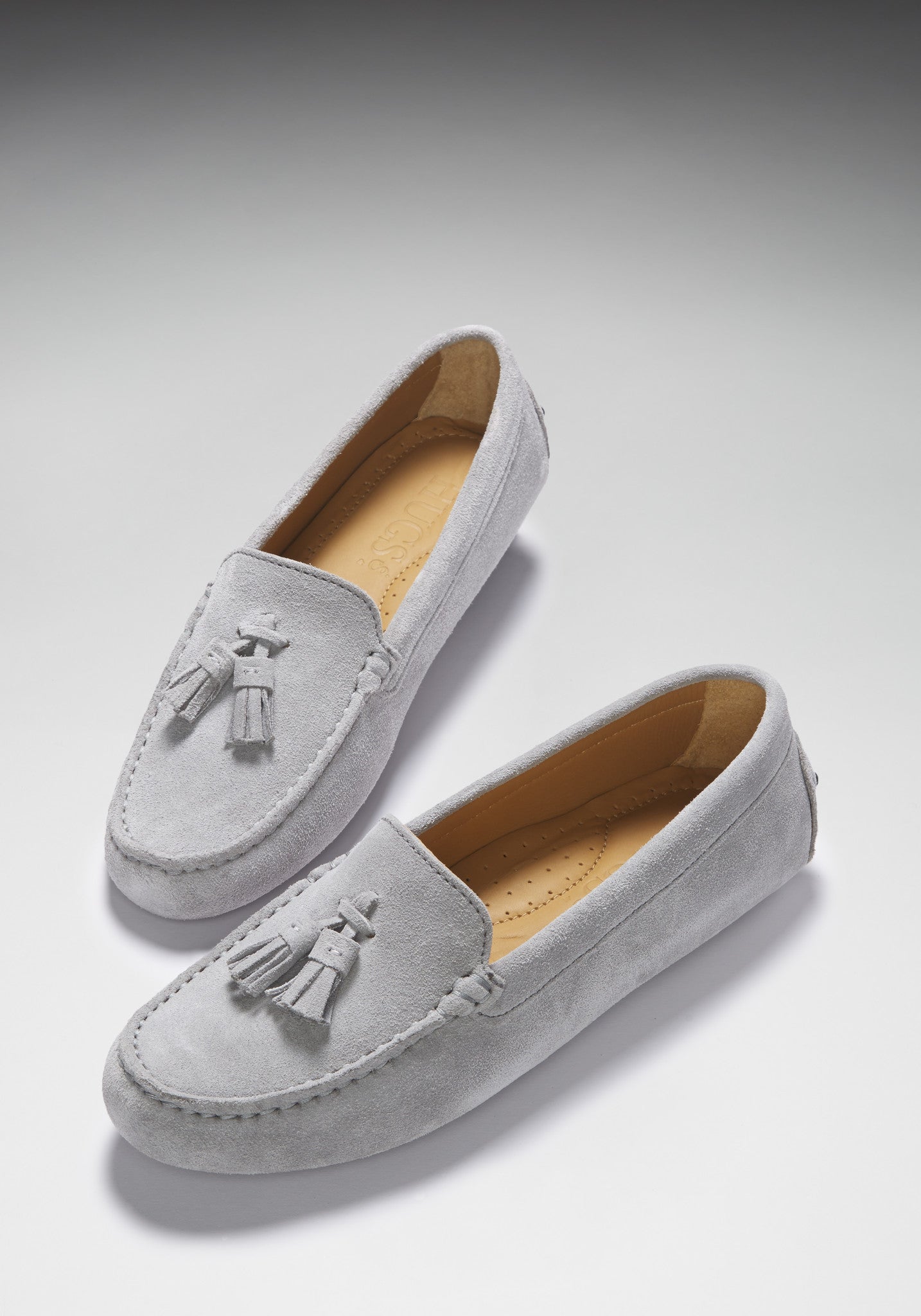 Damen-Driving-Loafer mit Quasten, taubengraues Veloursleder