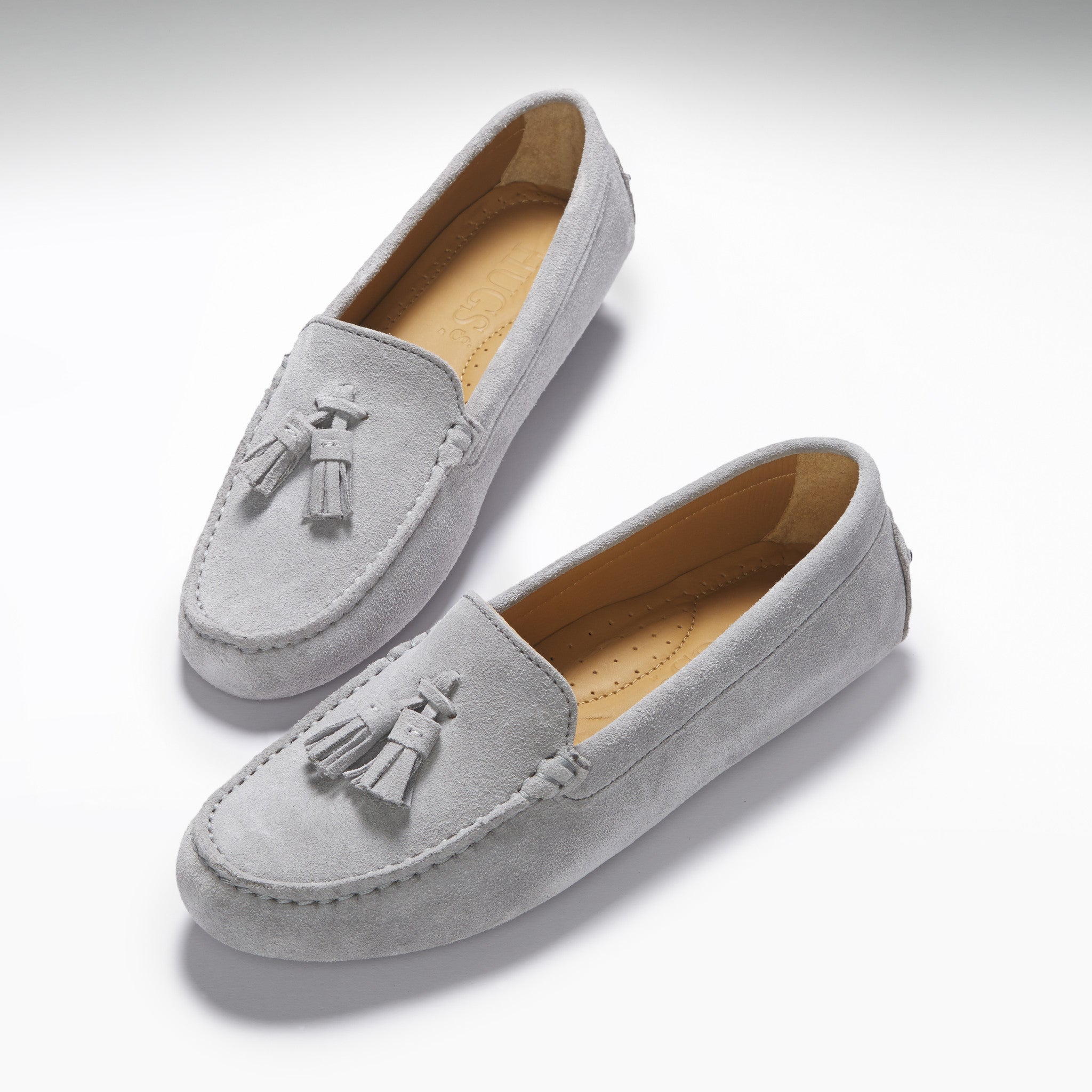 Damen-Driving-Loafer mit Quasten, taubengraues Veloursleder