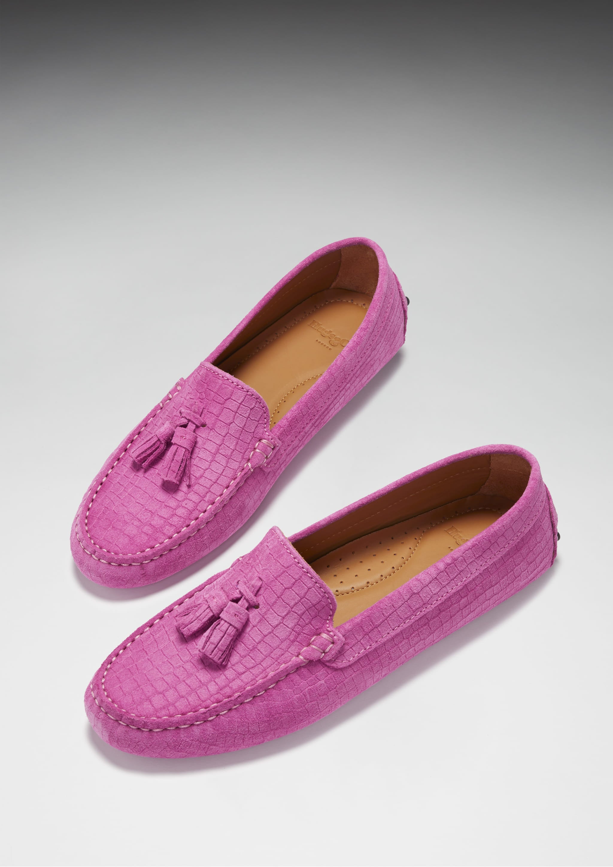 Damen-Mokassins mit Quasten, pinkfarbenes, geprägtes Veloursleder