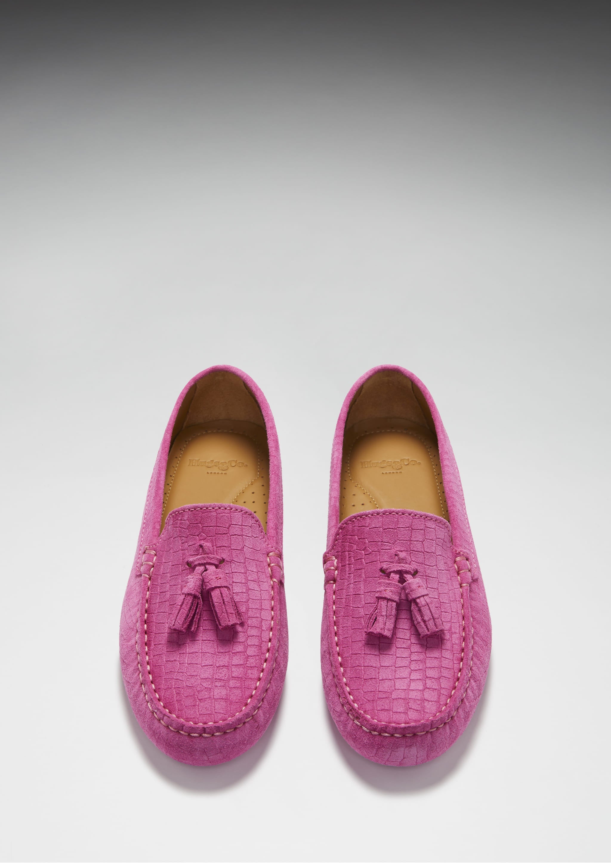 Damen-Mokassins mit Quasten, pinkfarbenes, geprägtes Veloursleder