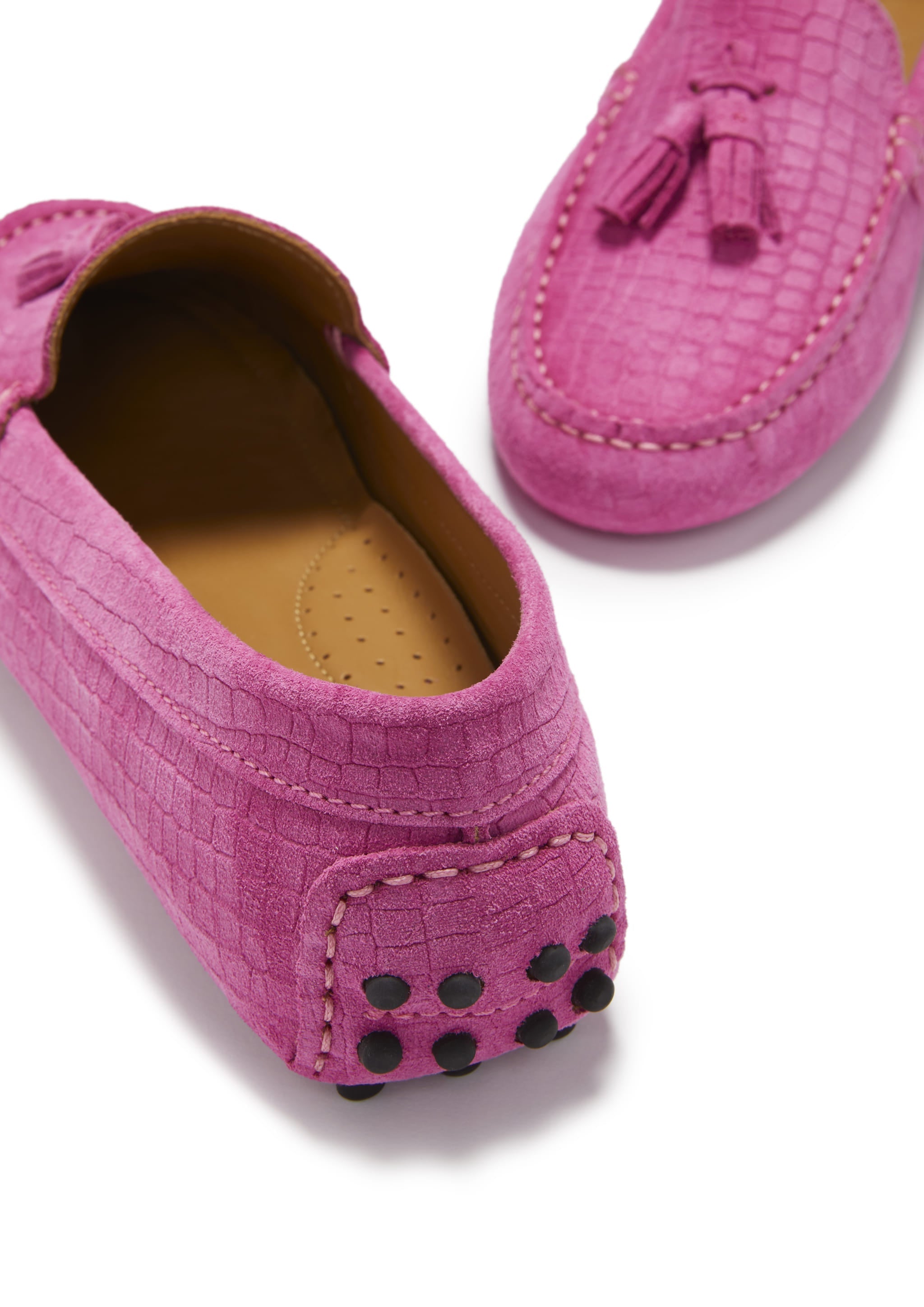 Damen-Mokassins mit Quasten, pinkfarbenes, geprägtes Veloursleder