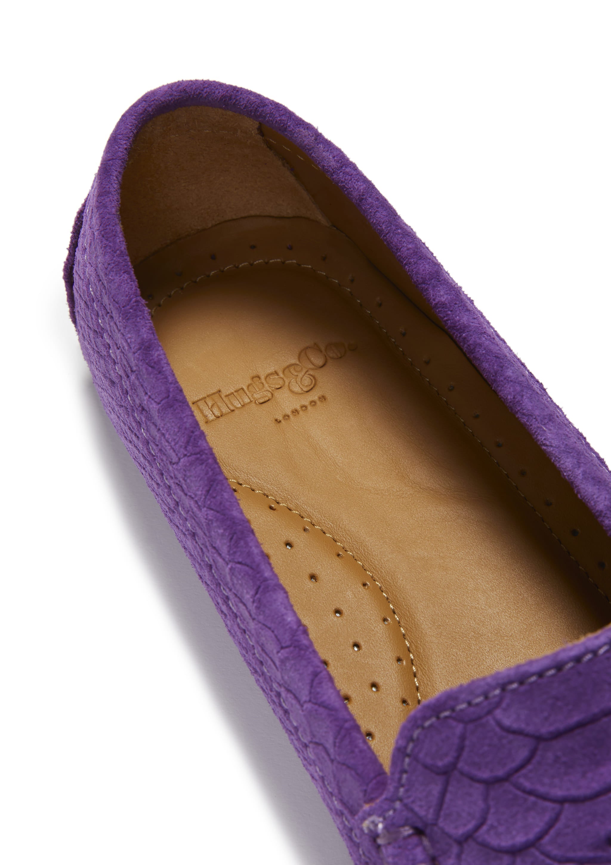Damen-Slipper mit Quasten, aus geprägtem Veloursleder in Lila