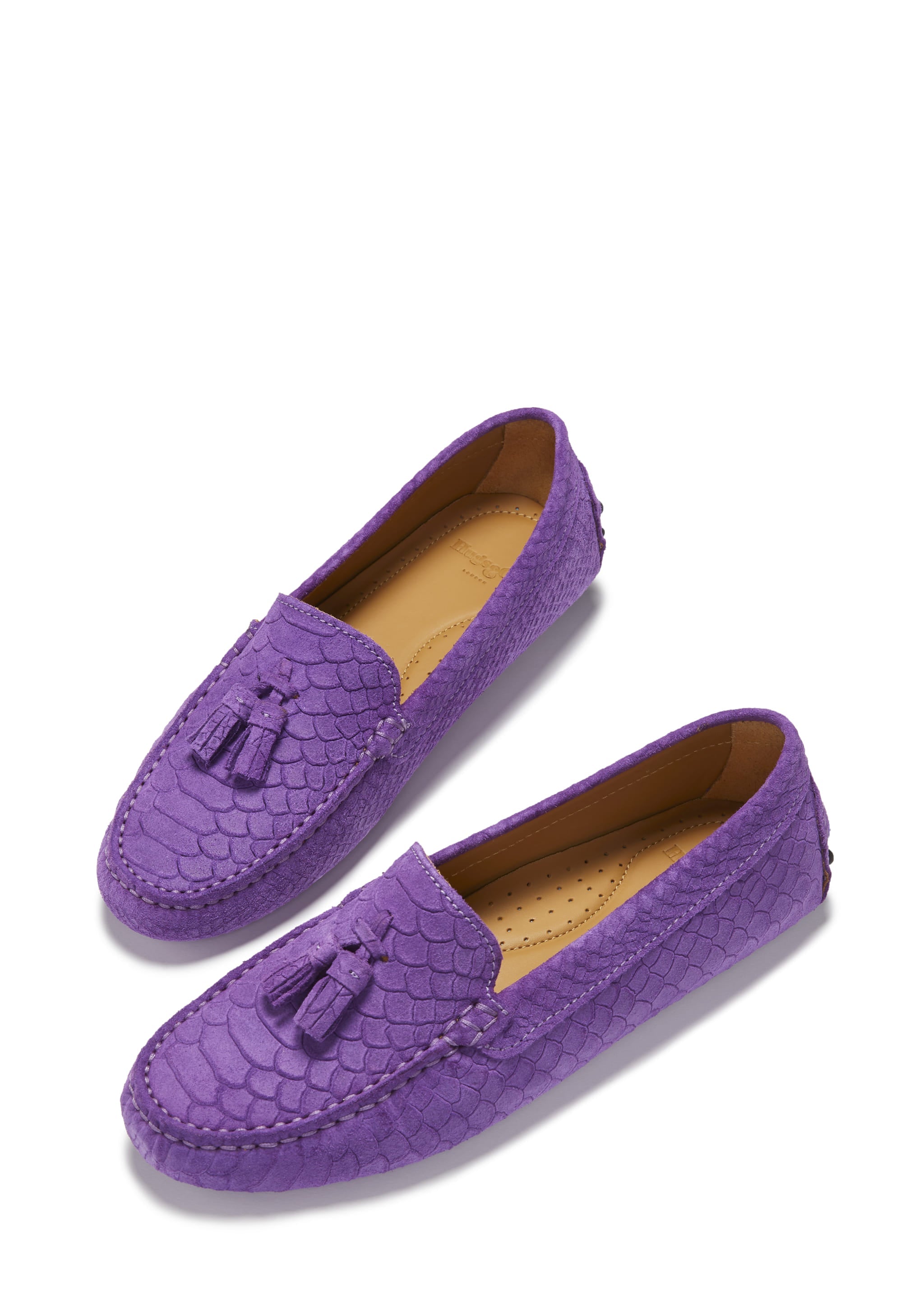 Damen-Slipper mit Quasten, aus geprägtem Veloursleder in Lila