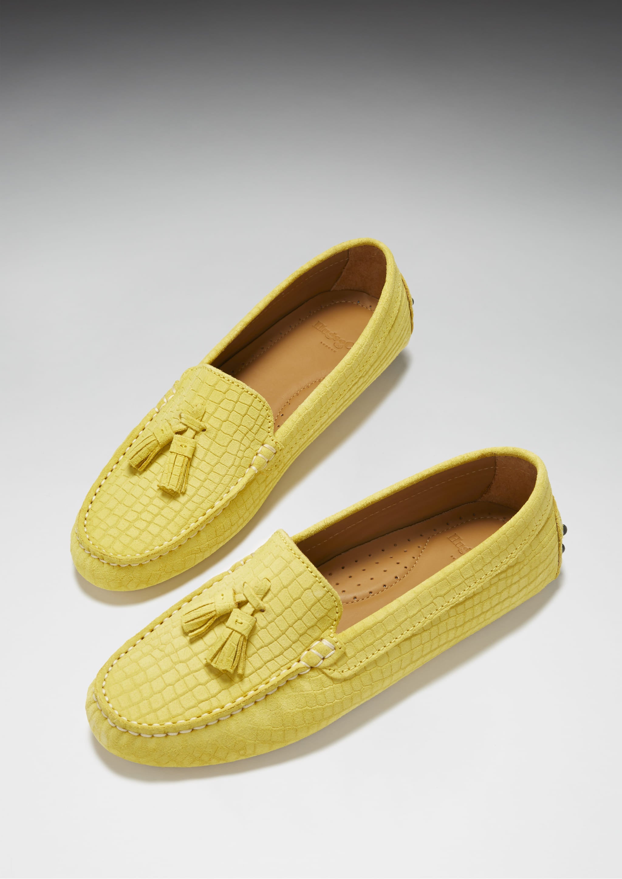 Damen-Slipper mit Quasten, gelbes geprägtes Veloursleder