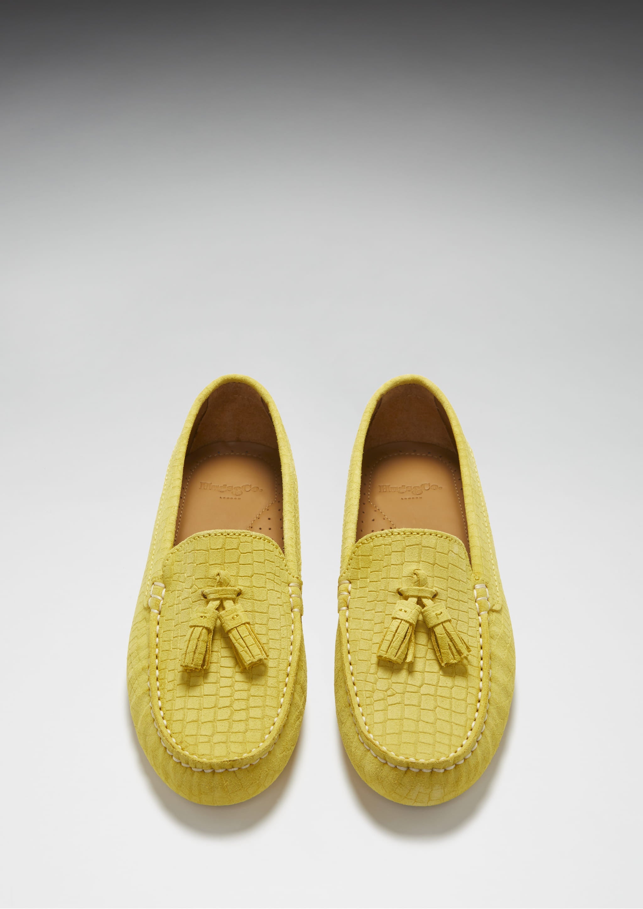 Damen-Slipper mit Quasten, gelbes geprägtes Veloursleder