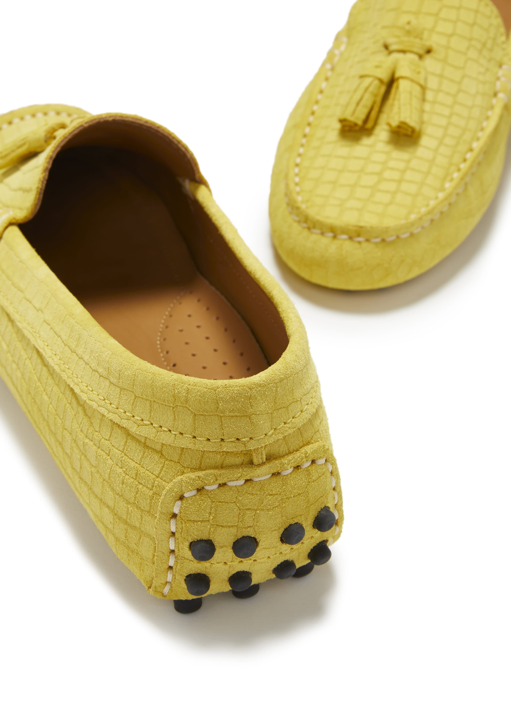 Damen-Slipper mit Quasten, gelbes geprägtes Veloursleder