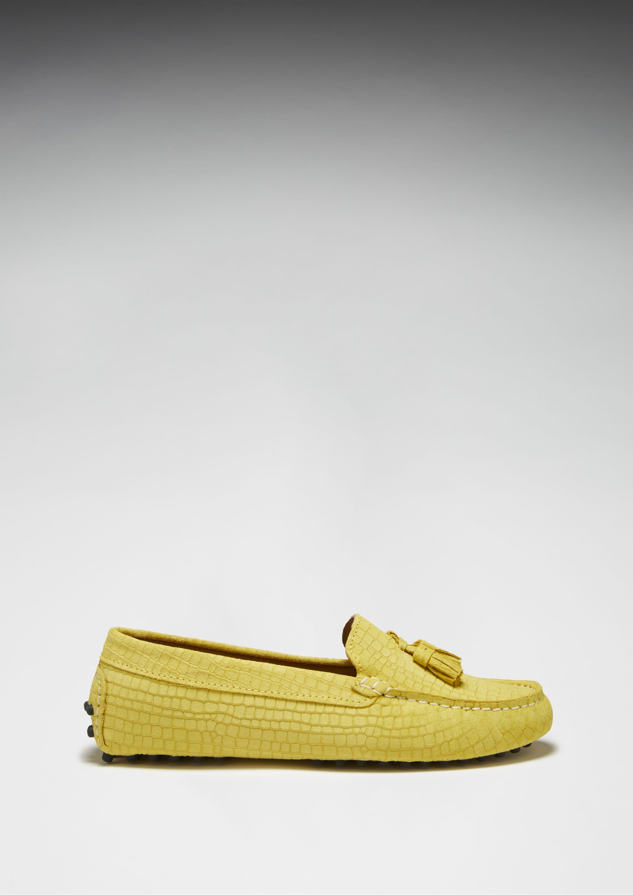 Damen-Slipper mit Quasten, gelbes geprägtes Veloursleder