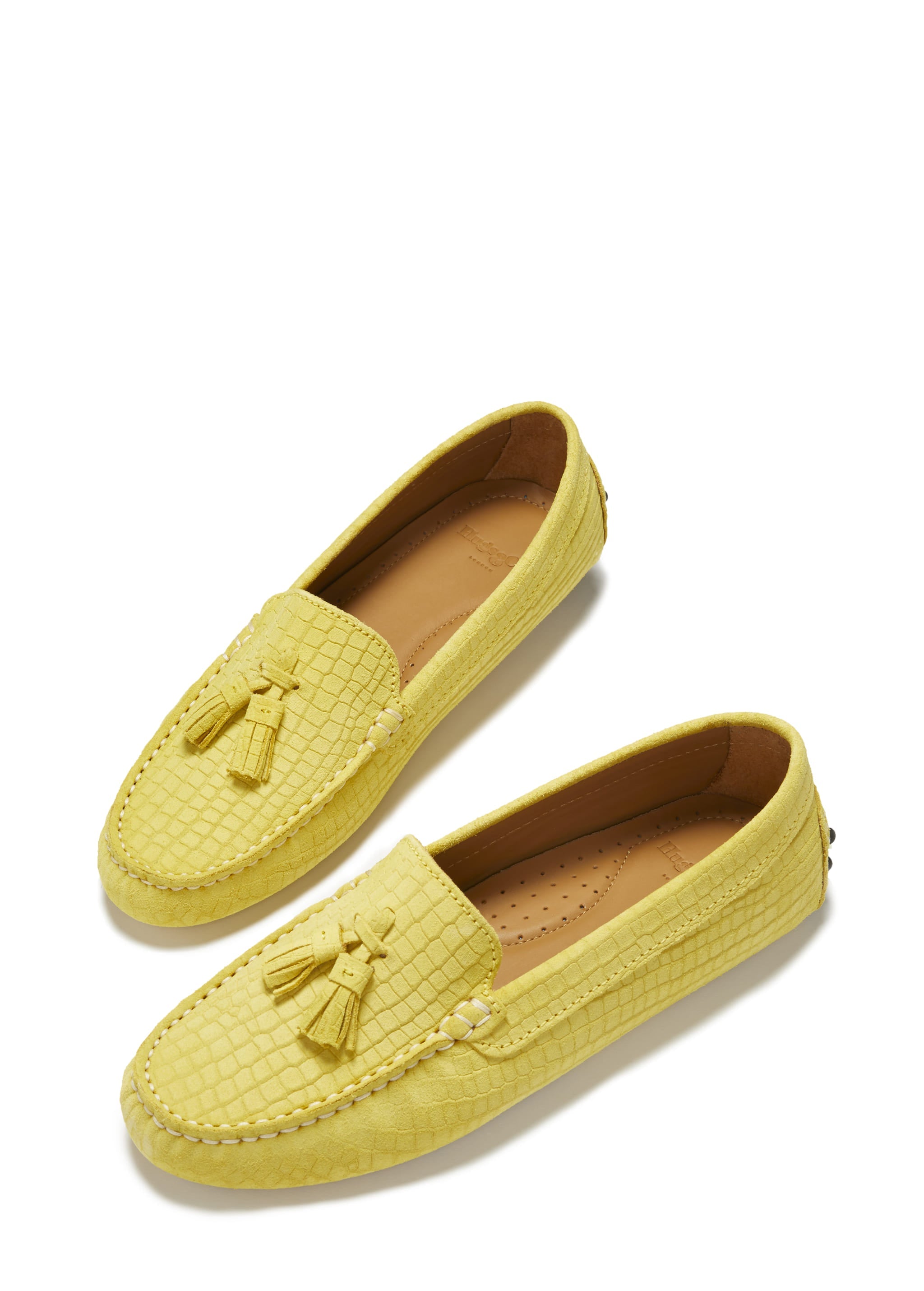 Damen-Slipper mit Quasten, gelbes geprägtes Veloursleder