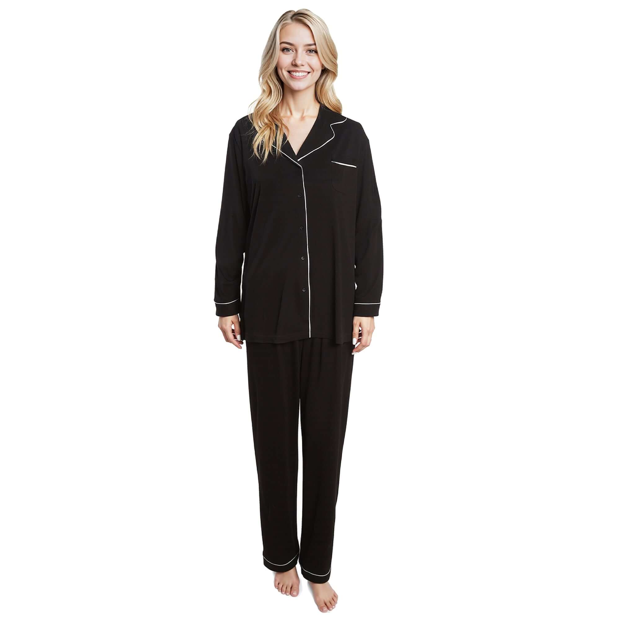 Daisy Dreamer Damen Pyjama-Set Schwarz Weicher Griff Langarm-Oberteil zum Knöpfen und Hose Zweiteilige Nachtwäsche für Damen Alltagskomfort