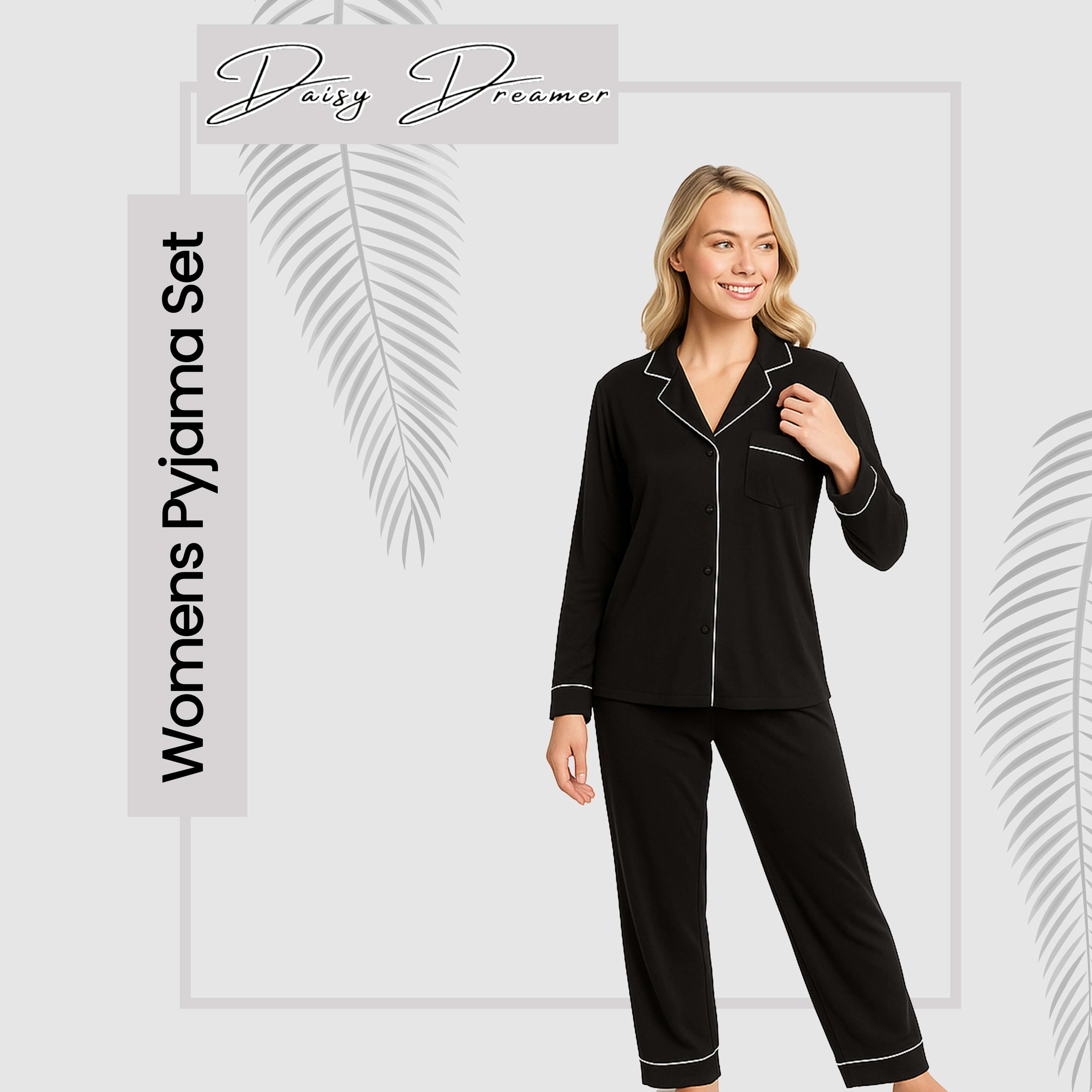 Daisy Dreamer Damen Pyjama-Set Schwarz Weicher Griff Langarm-Oberteil zum Knöpfen und Hose Zweiteilige Nachtwäsche für Damen Alltagskomfort