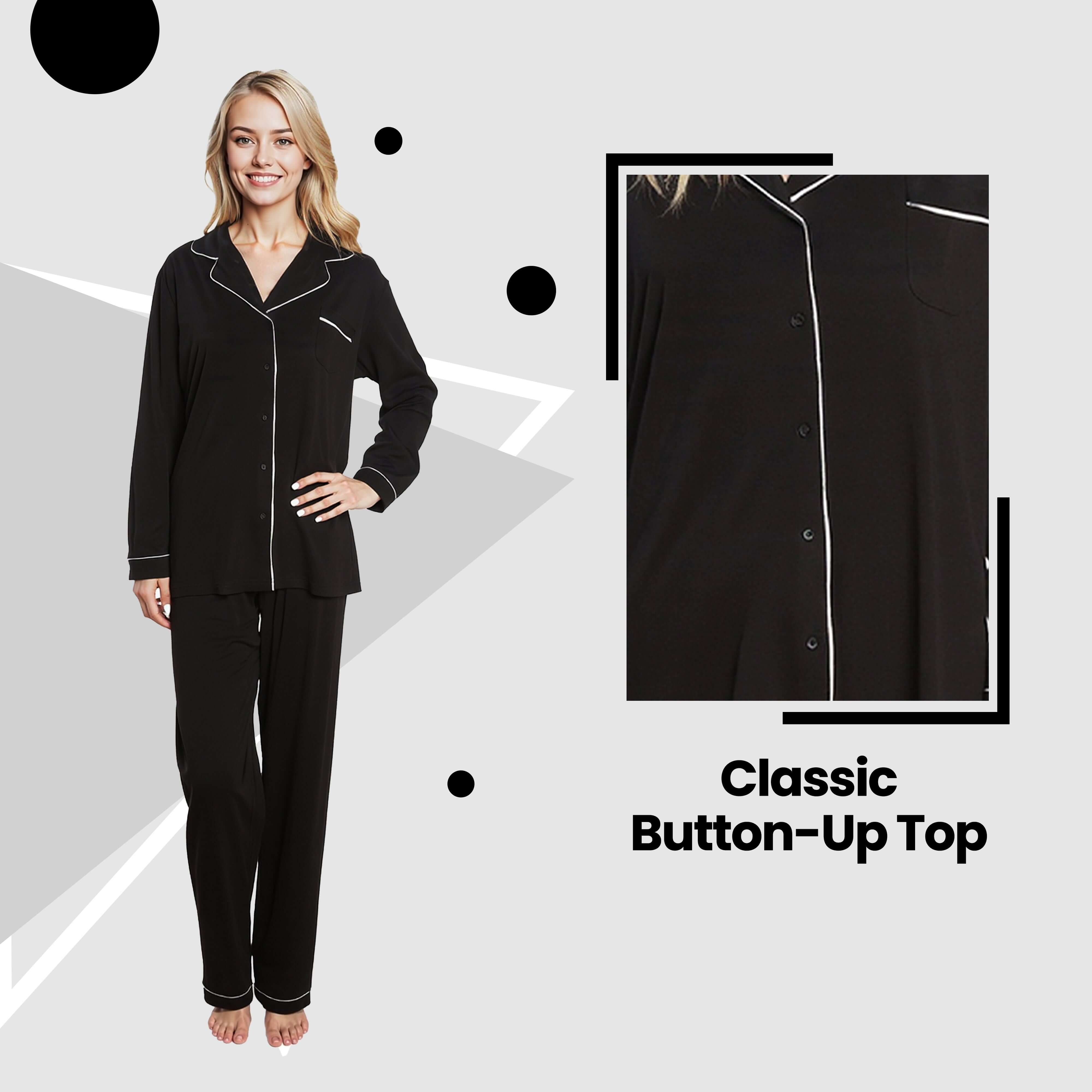 Daisy Dreamer Damen Pyjama-Set Schwarz Weicher Griff Langarm-Oberteil zum Knöpfen und Hose Zweiteilige Nachtwäsche für Damen Alltagskomfort