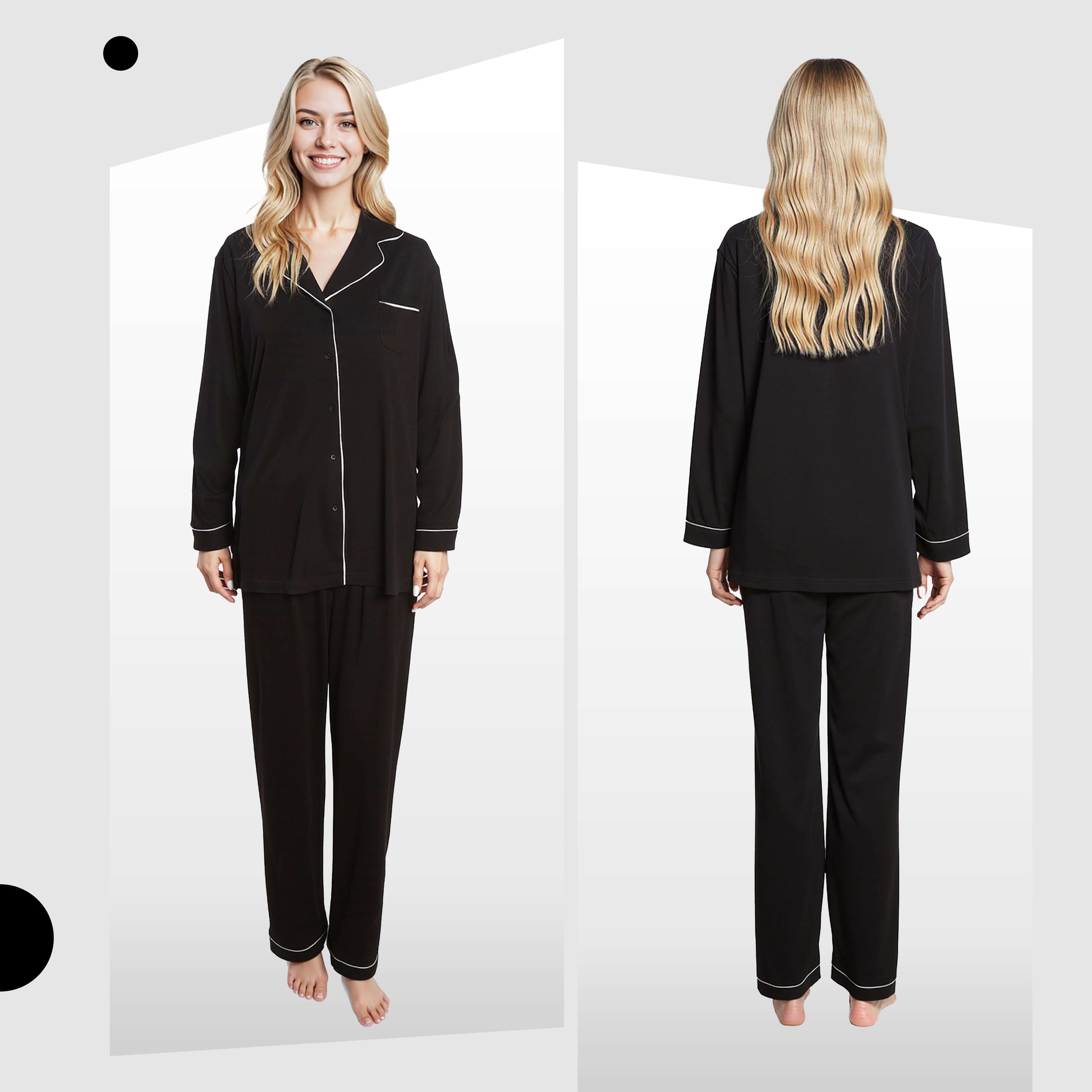 Daisy Dreamer Damen Pyjama-Set Schwarz Weicher Griff Langarm-Oberteil zum Knöpfen und Hose Zweiteilige Nachtwäsche für Damen Alltagskomfort