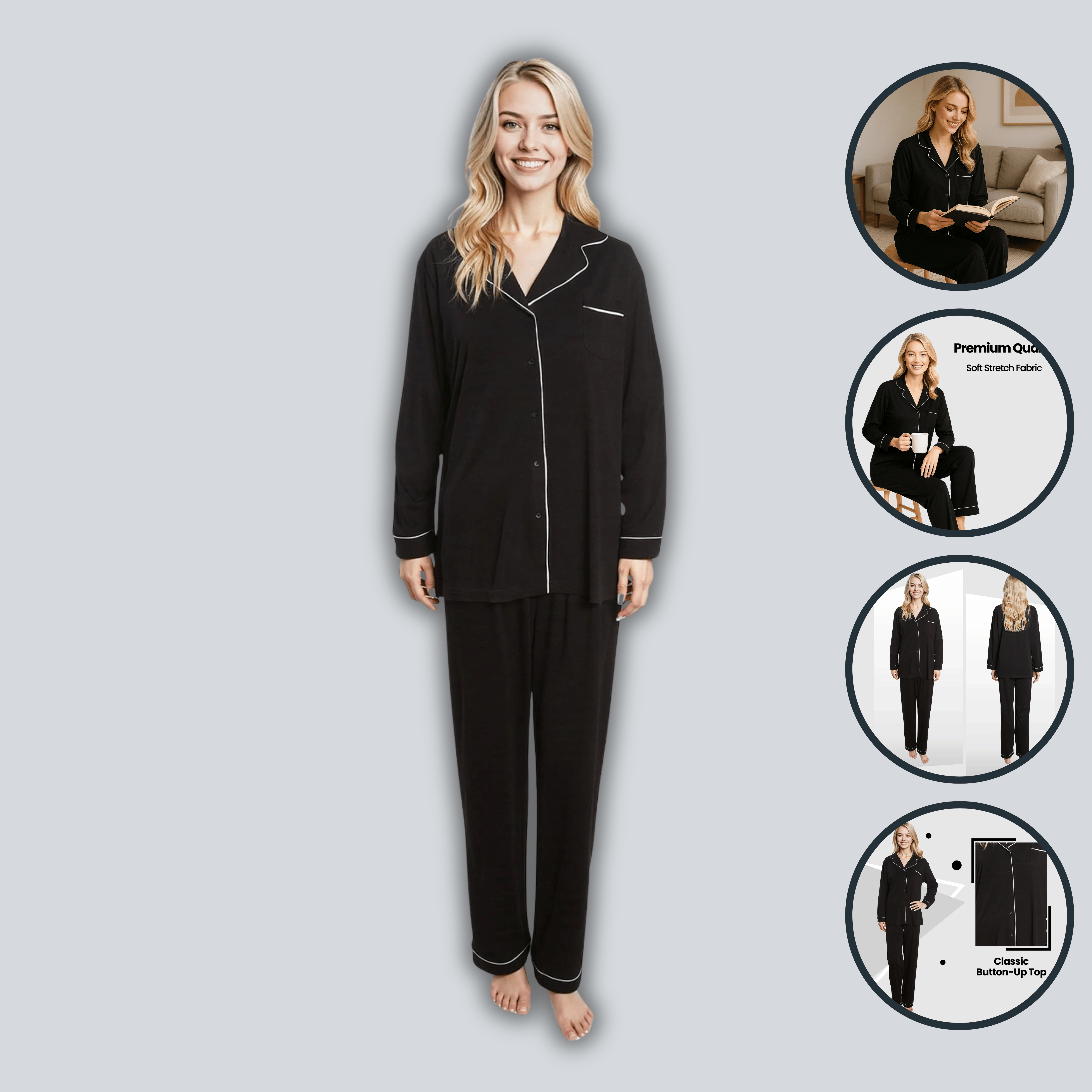 Daisy Dreamer Damen Pyjama-Set Schwarz Weicher Griff Langarm-Oberteil zum Knöpfen und Hose Zweiteilige Nachtwäsche für Damen Alltagskomfort