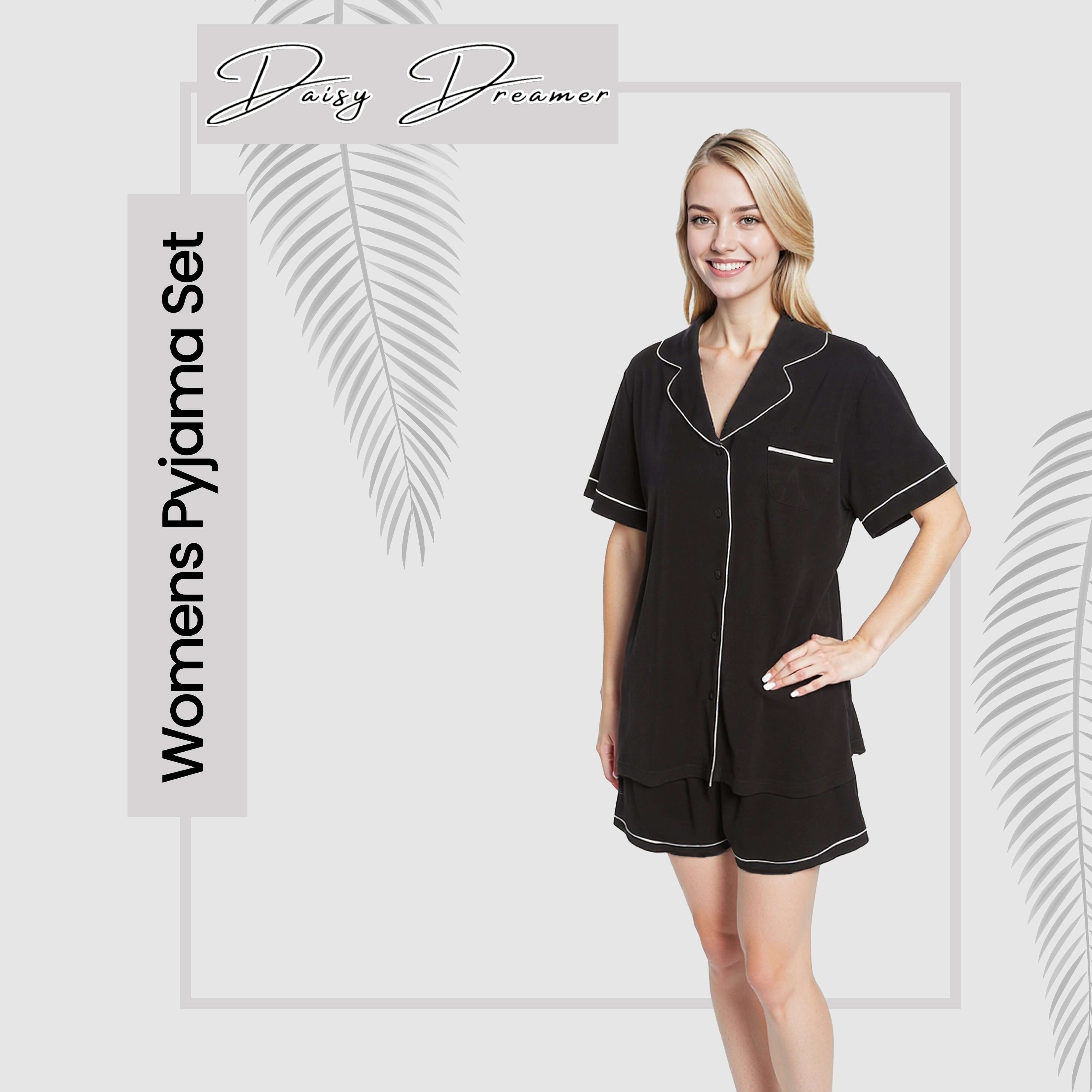 Daisy Dreamer Damen Kurzer Pyjama in Schwarz – Superweiche Schlafbekleidung mit Knopfleisten-Oberteil und Shorts mit Taschen, lockere Passform