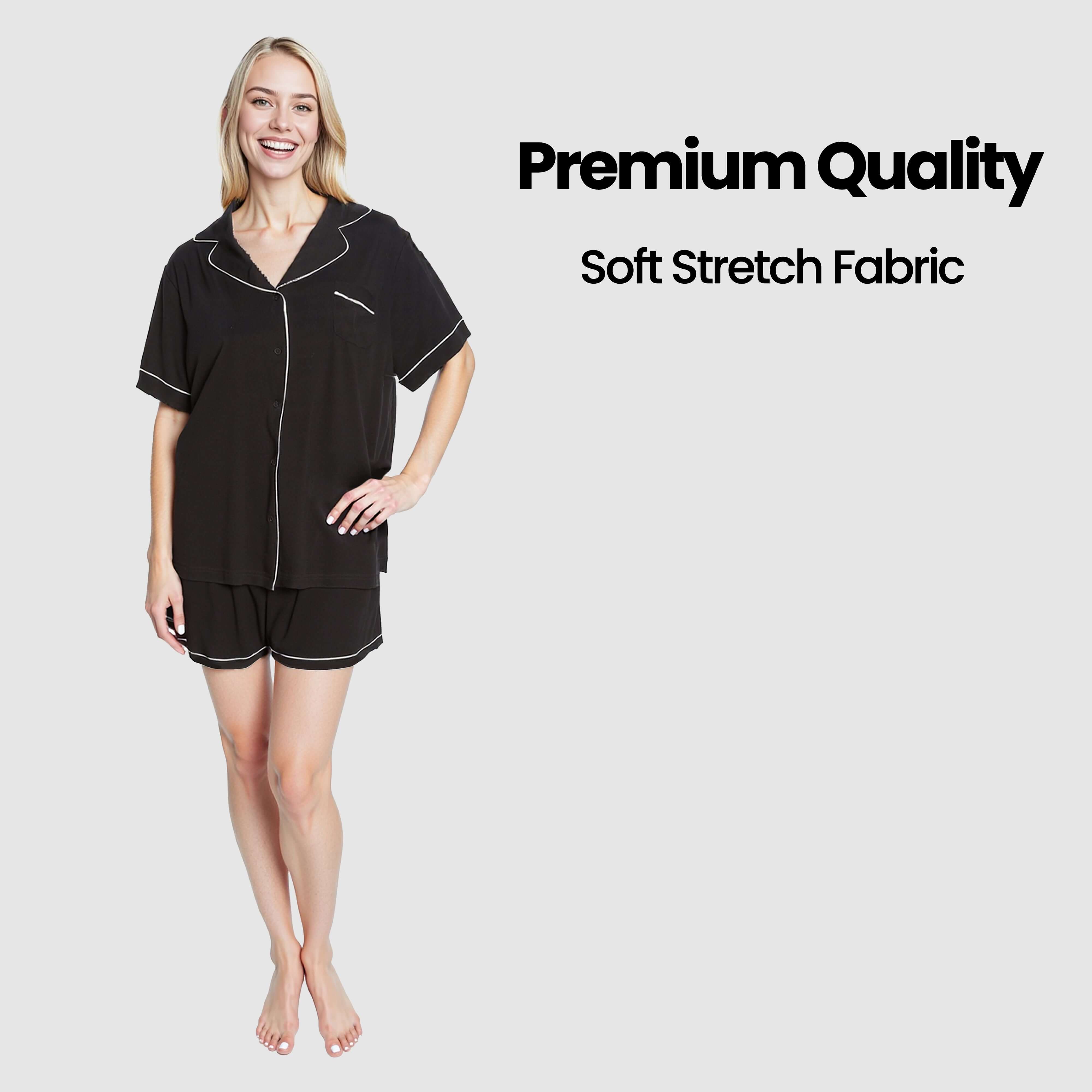 Daisy Dreamer Damen Kurzer Pyjama in Schwarz – Superweiche Schlafbekleidung mit Knopfleisten-Oberteil und Shorts mit Taschen, lockere Passform
