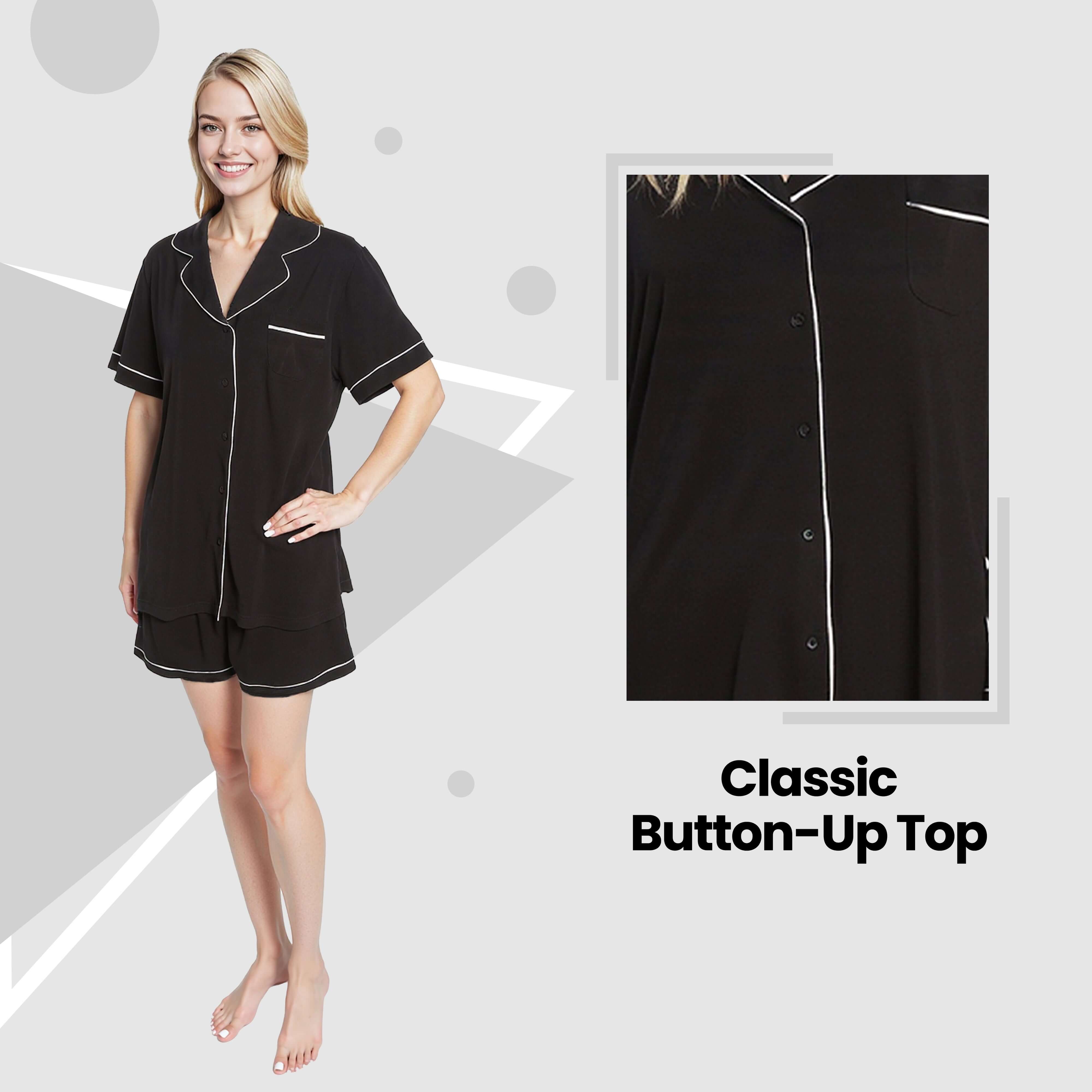 Daisy Dreamer Damen Kurzer Pyjama in Schwarz – Superweiche Schlafbekleidung mit Knopfleisten-Oberteil und Shorts mit Taschen, lockere Passform