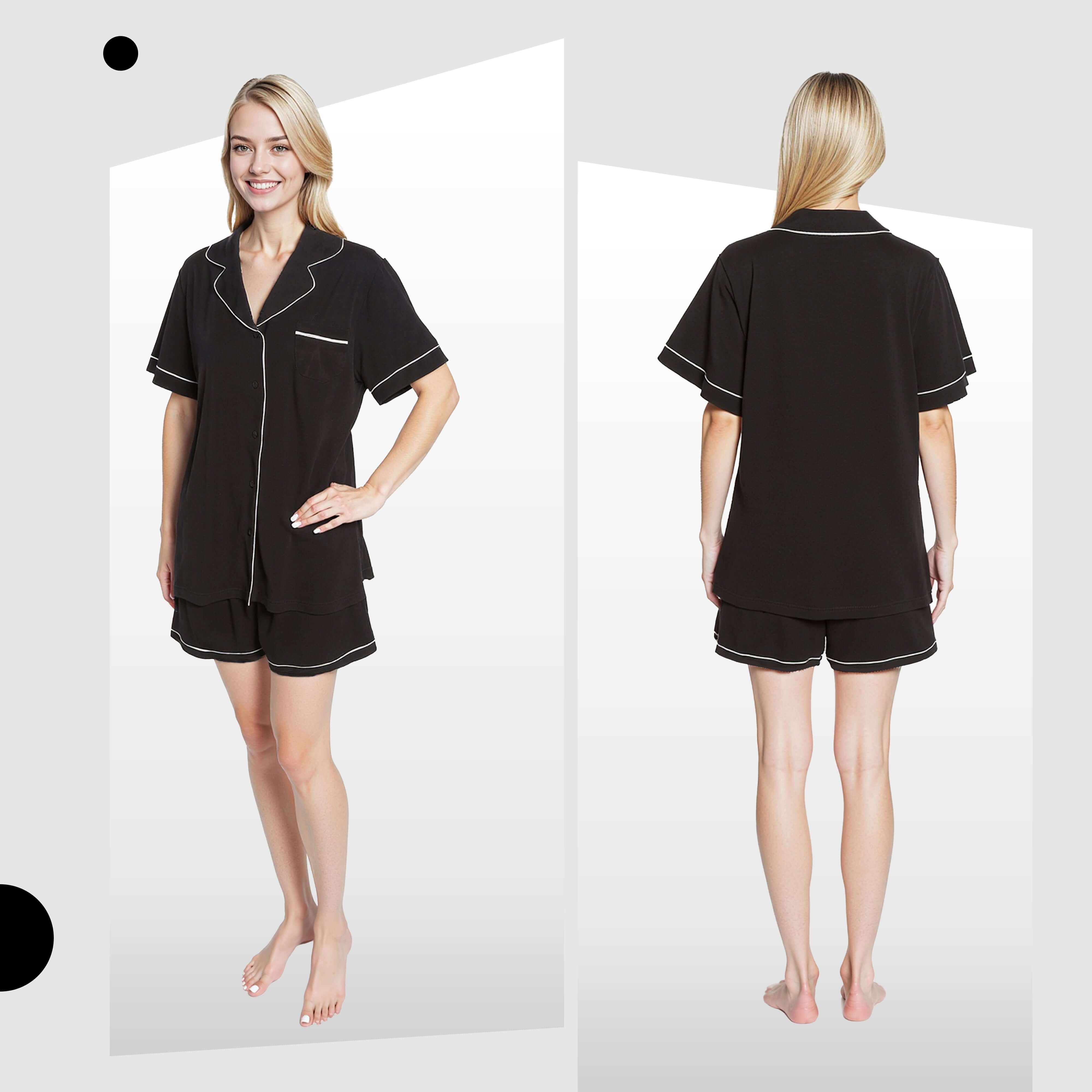 Daisy Dreamer Damen Kurzer Pyjama in Schwarz – Superweiche Schlafbekleidung mit Knopfleisten-Oberteil und Shorts mit Taschen, lockere Passform