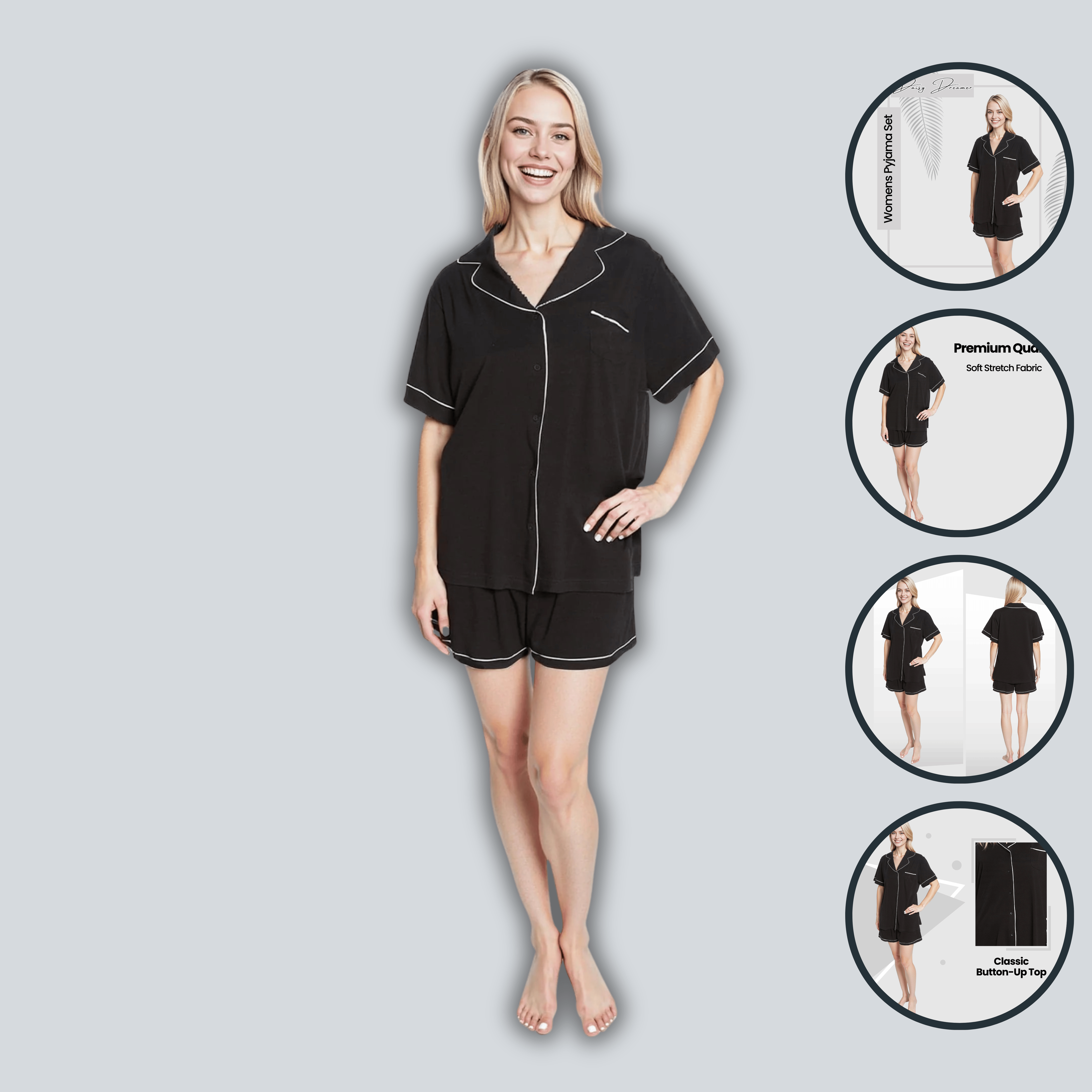 Daisy Dreamer Damen Kurzer Pyjama in Schwarz – Superweiche Schlafbekleidung mit Knopfleisten-Oberteil und Shorts mit Taschen, lockere Passform