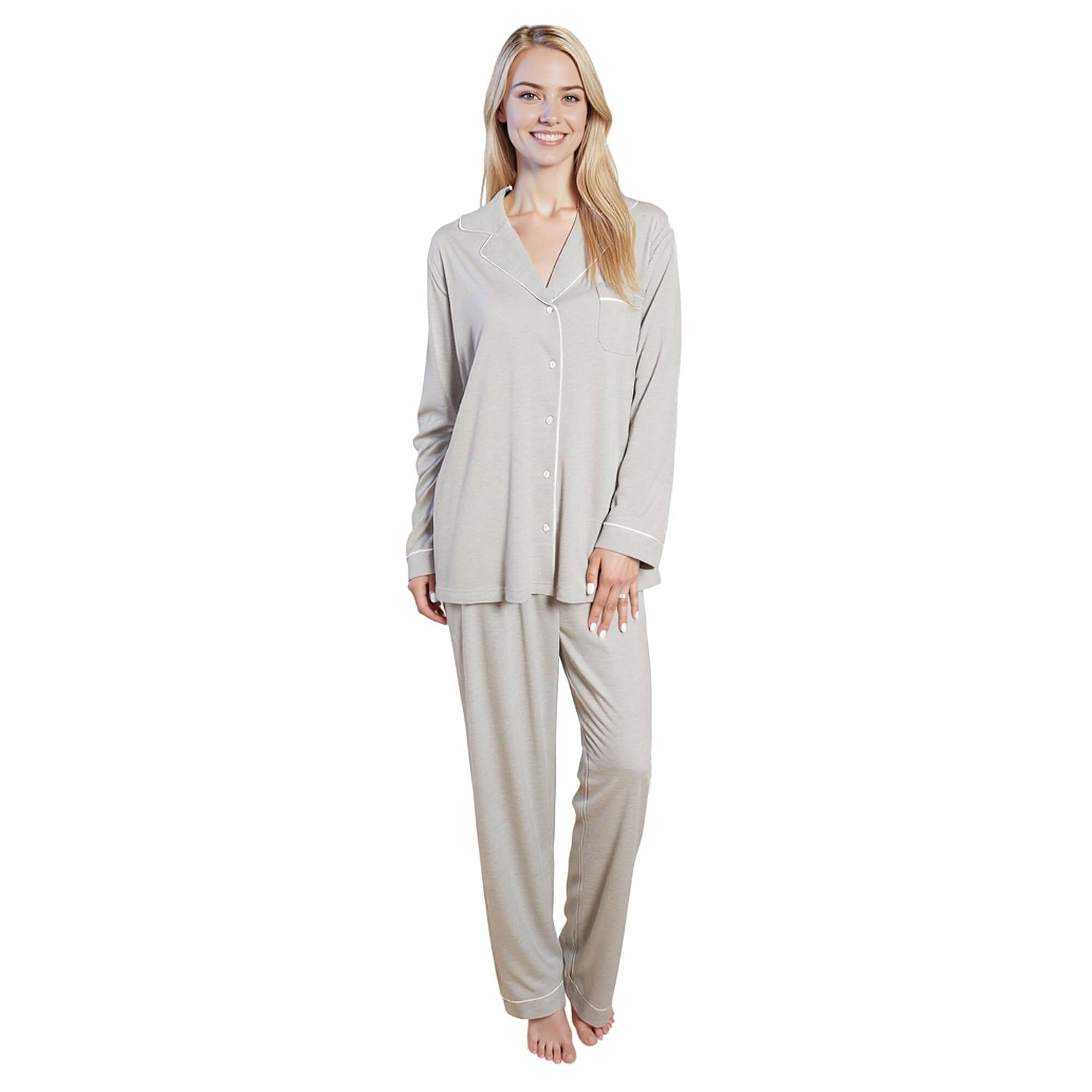 Daisy Dreamer Damen Schlafanzug Grau Weich Longsleeve Knopfleiste Oberteil und Hose Zweiteilige Nachtwäsche mit lockerer Passform