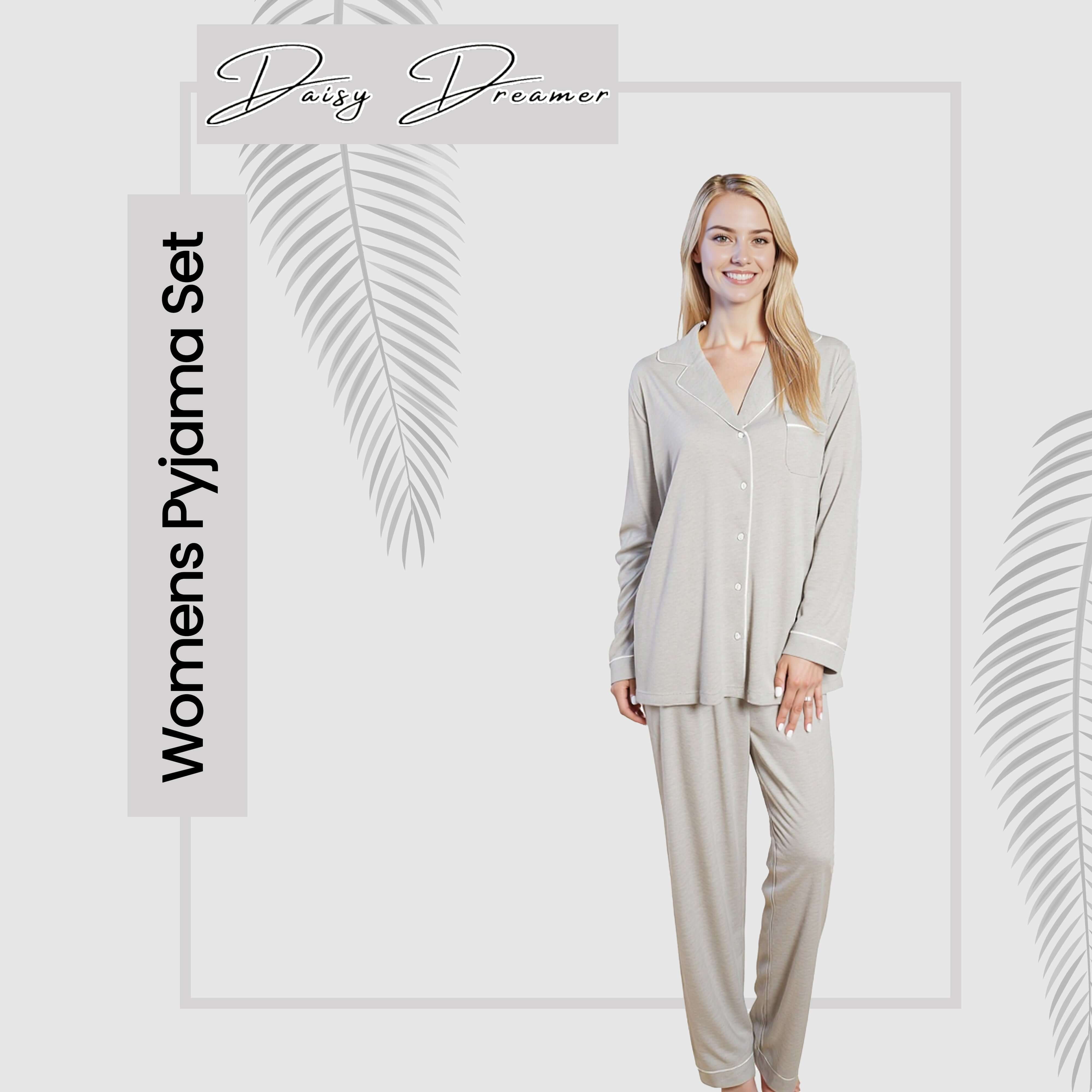 Daisy Dreamer Damen Schlafanzug Grau Weich Longsleeve Knopfleiste Oberteil und Hose Zweiteilige Nachtwäsche mit lockerer Passform