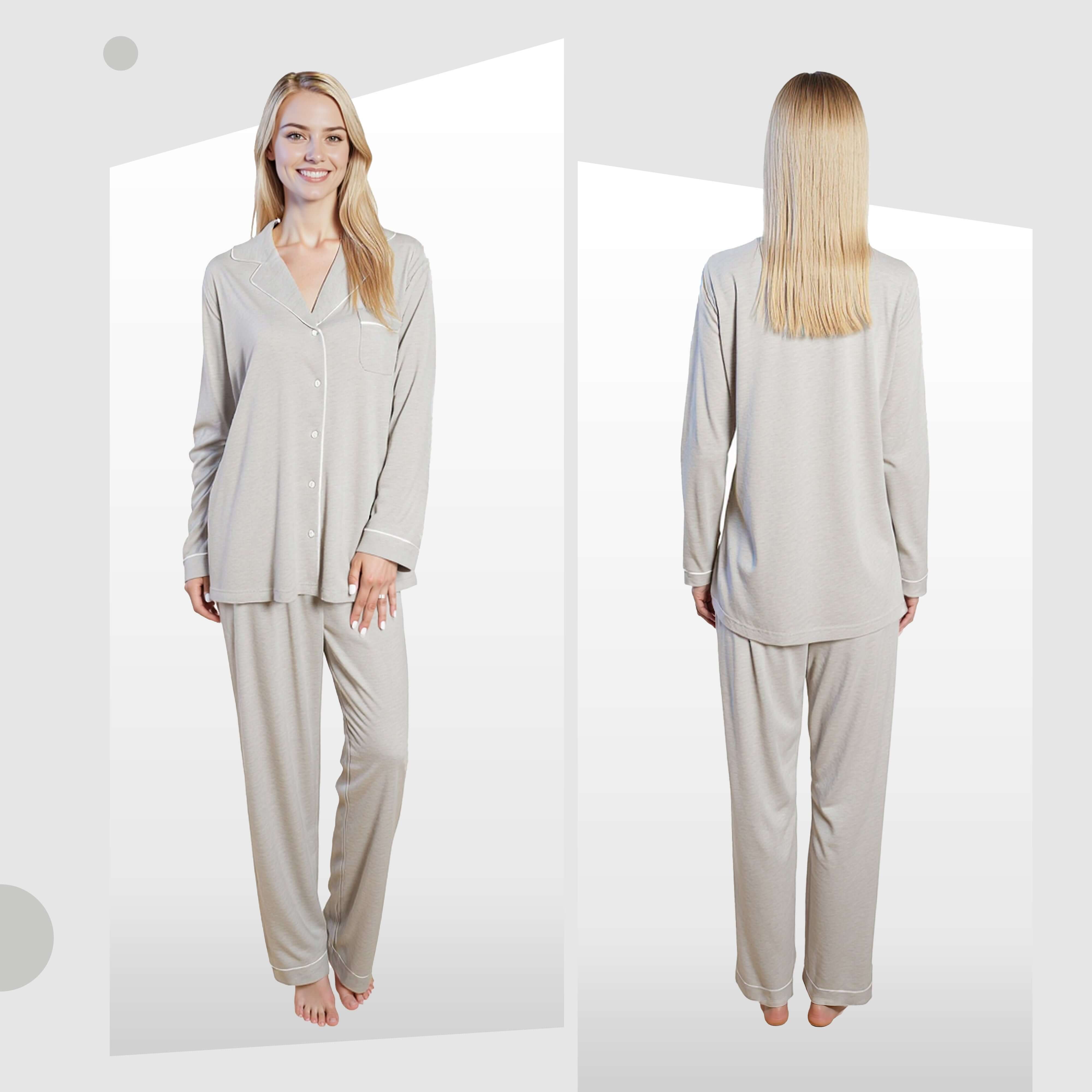 Daisy Dreamer Damen Schlafanzug Grau Weich Longsleeve Knopfleiste Oberteil und Hose Zweiteilige Nachtwäsche mit lockerer Passform