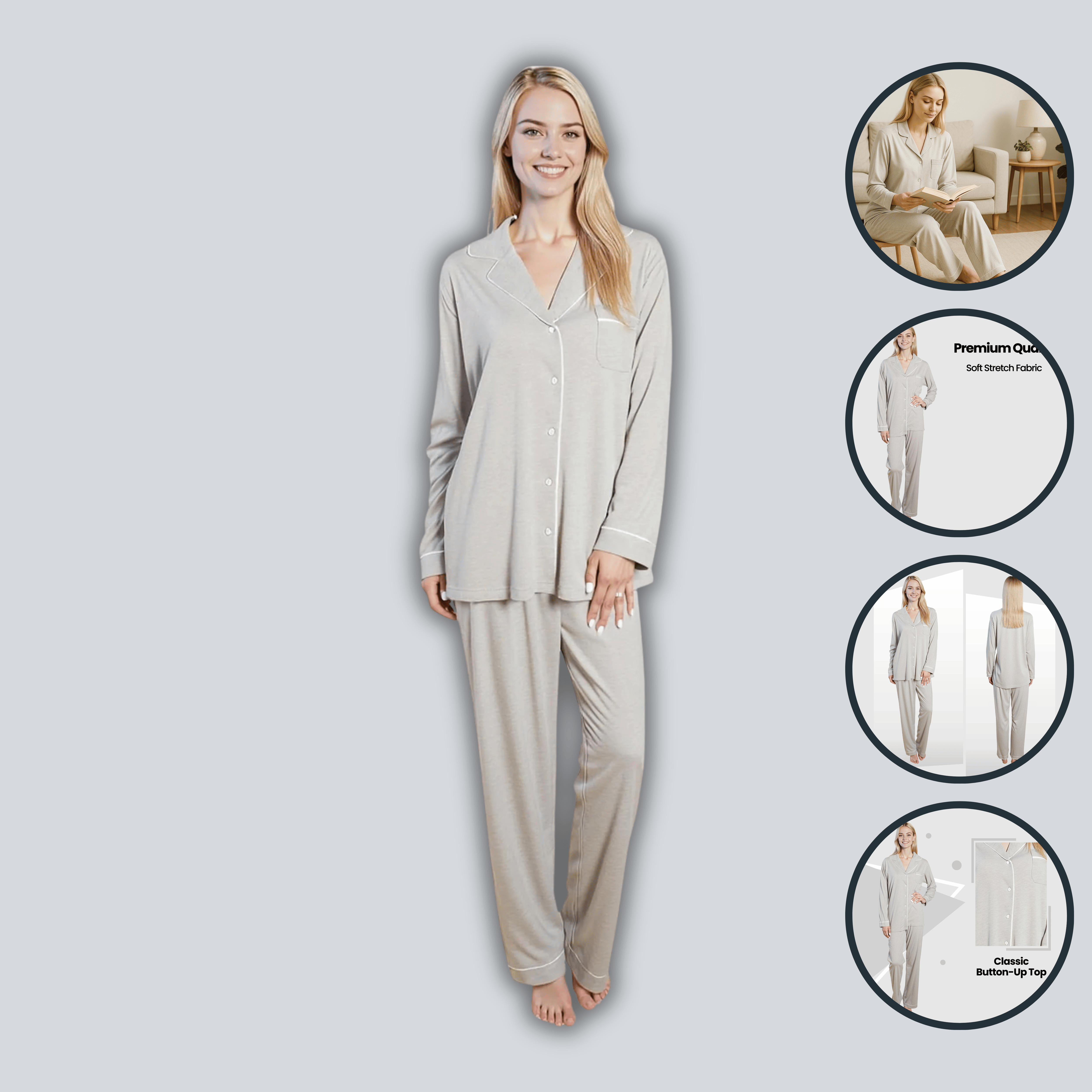 Daisy Dreamer Damen Schlafanzug Grau Weich Longsleeve Knopfleiste Oberteil und Hose Zweiteilige Nachtwäsche mit lockerer Passform