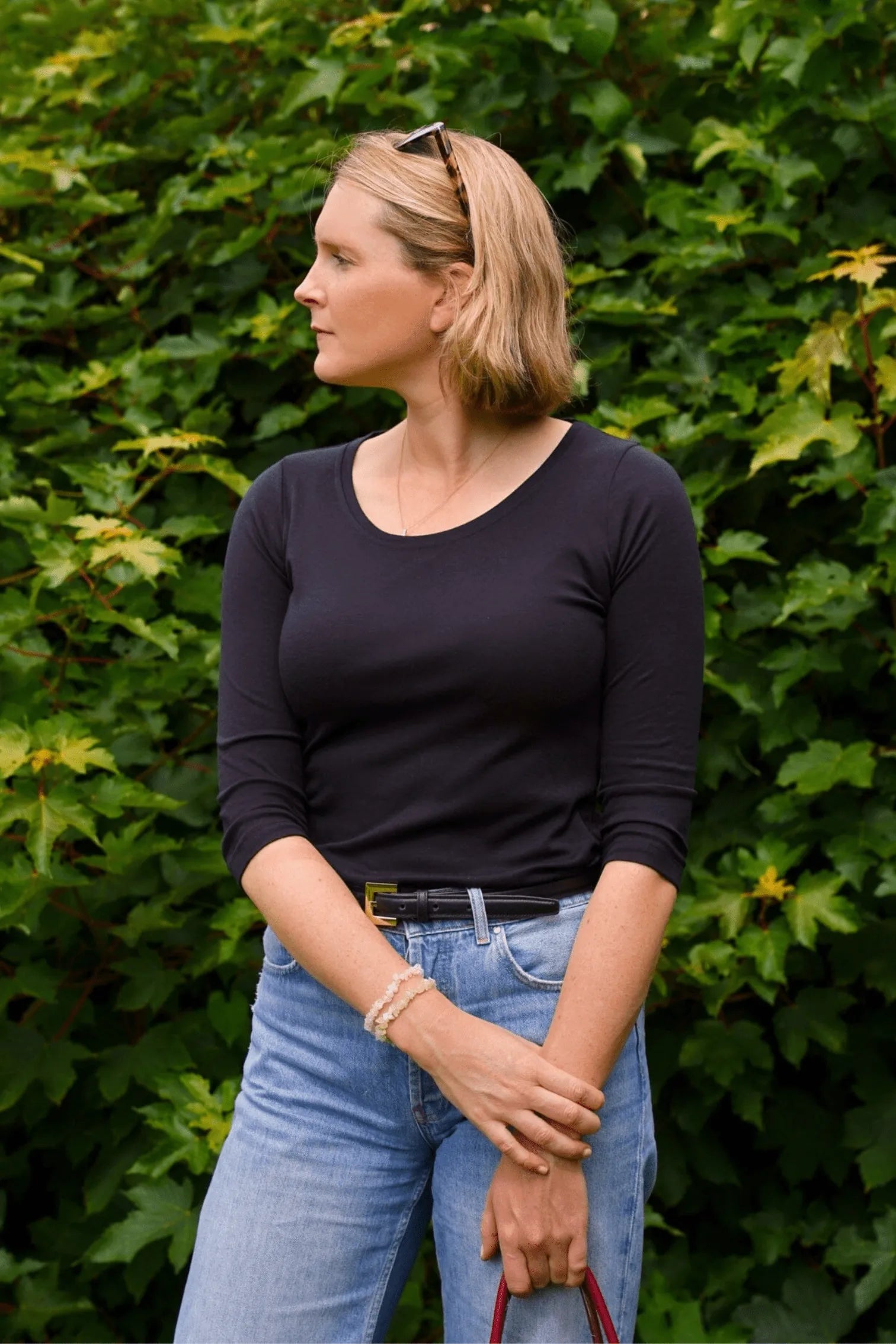 Dreiviertelarm-T-Shirt aus Baumwoll-Modal-Mix mit Rundhalsausschnitt