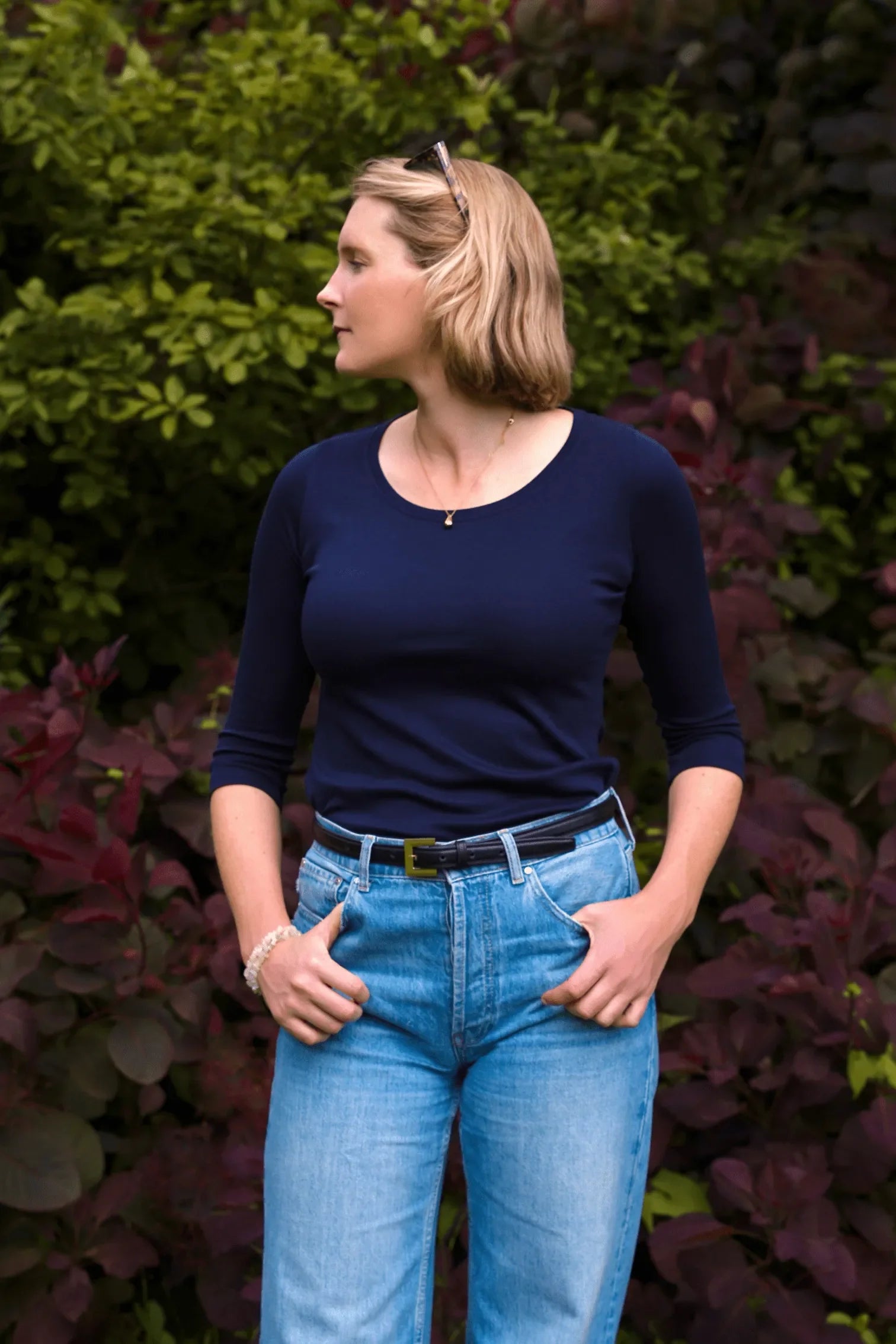 Dreiviertelarm-T-Shirt aus Baumwoll-Modal-Mix mit Rundhalsausschnitt
