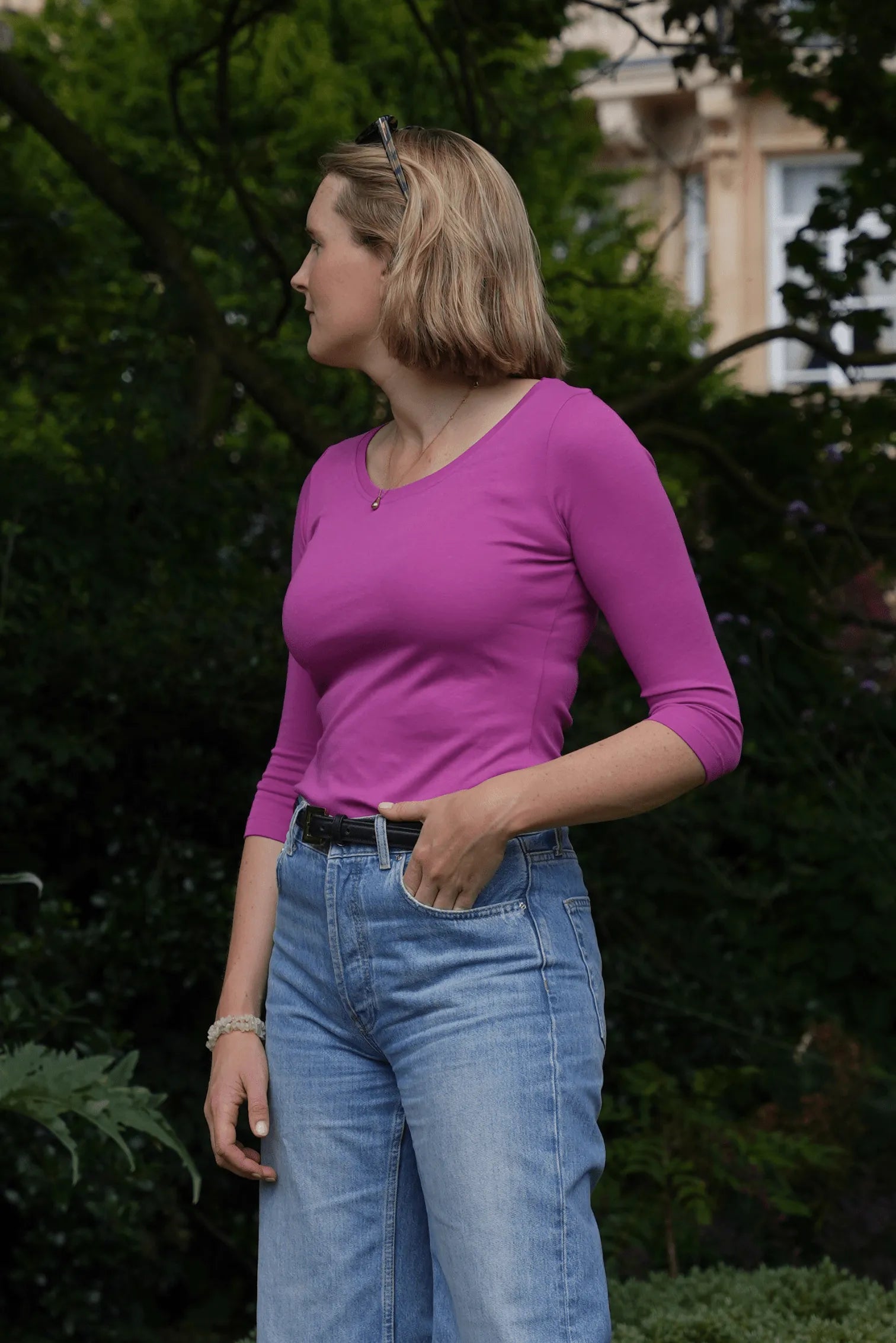 Dreiviertelarm-T-Shirt aus Baumwoll-Modal-Mix mit Rundhalsausschnitt